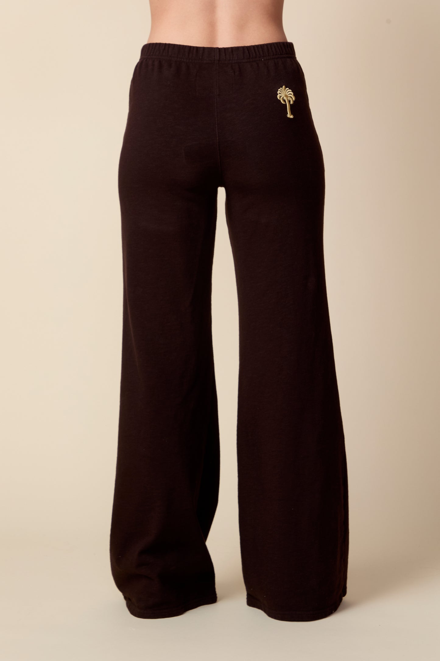 Dark Brown pants with a gold emblem on a beige background