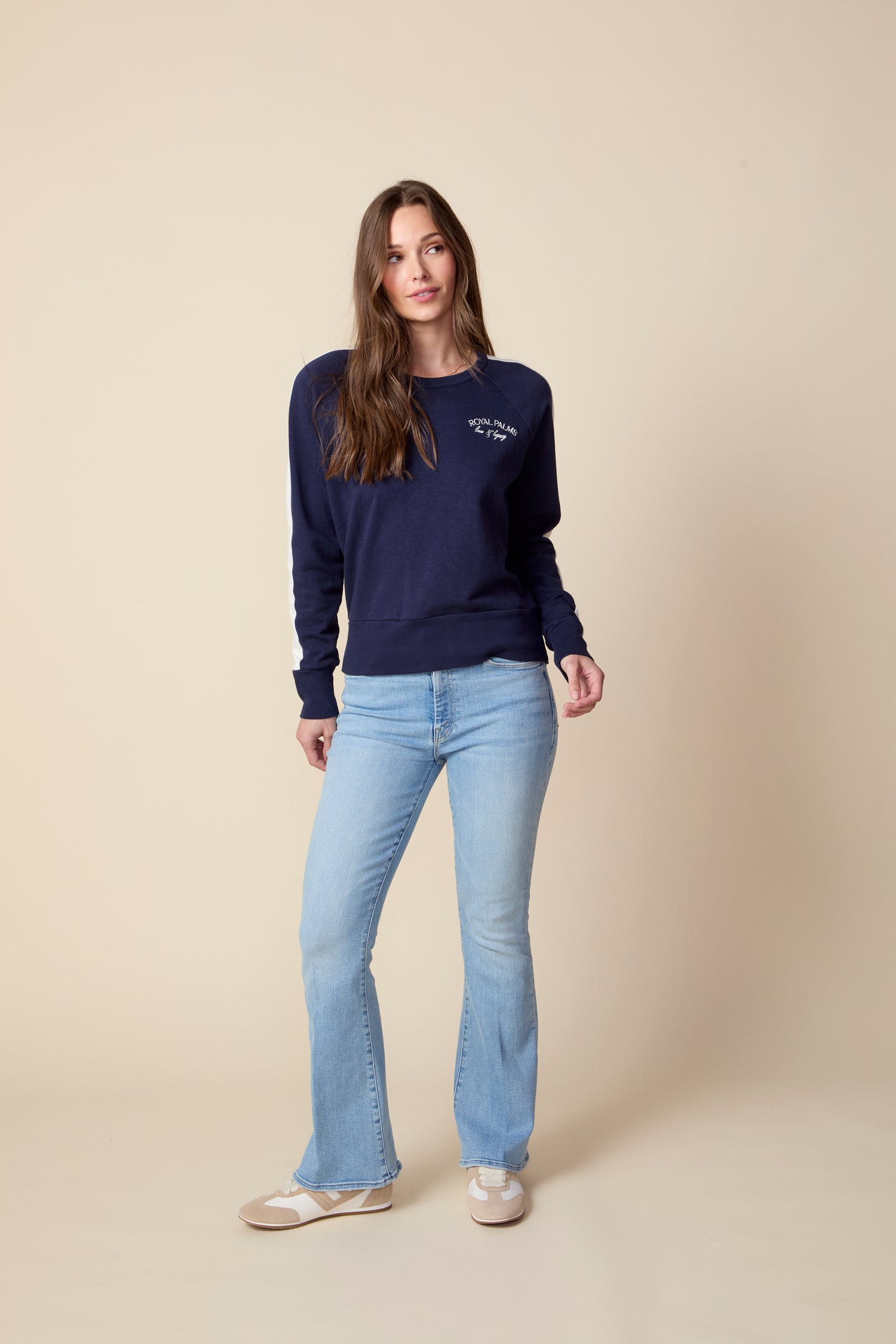 THE KELLY COLOR BLOCKED PULLOVER IN SLUB COTTON FRENCH TERRY IN NAVY BLUE