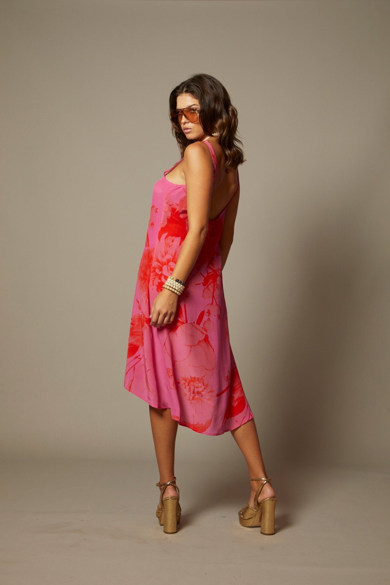 THE AMANDA HI LO SILK MIDI DRESS IN MARBELLA FLORAL PRINT - ROYAL PALMS love & legacy