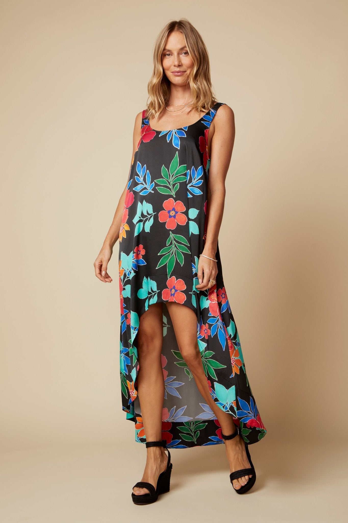 THE BEATRICE SILK HI - LO MIDI DRESS - ROYAL PALMS love & legacy