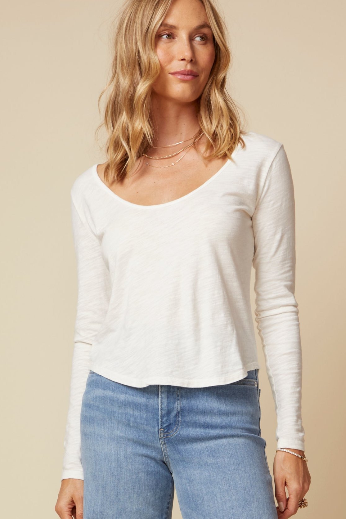 THE DAPHNE LONG SLEEVE TEE IN COTTON SLUB JERSEY IN VINTAGE WHITE - BACK TO FRONT - ROYAL PALMS love & legacy