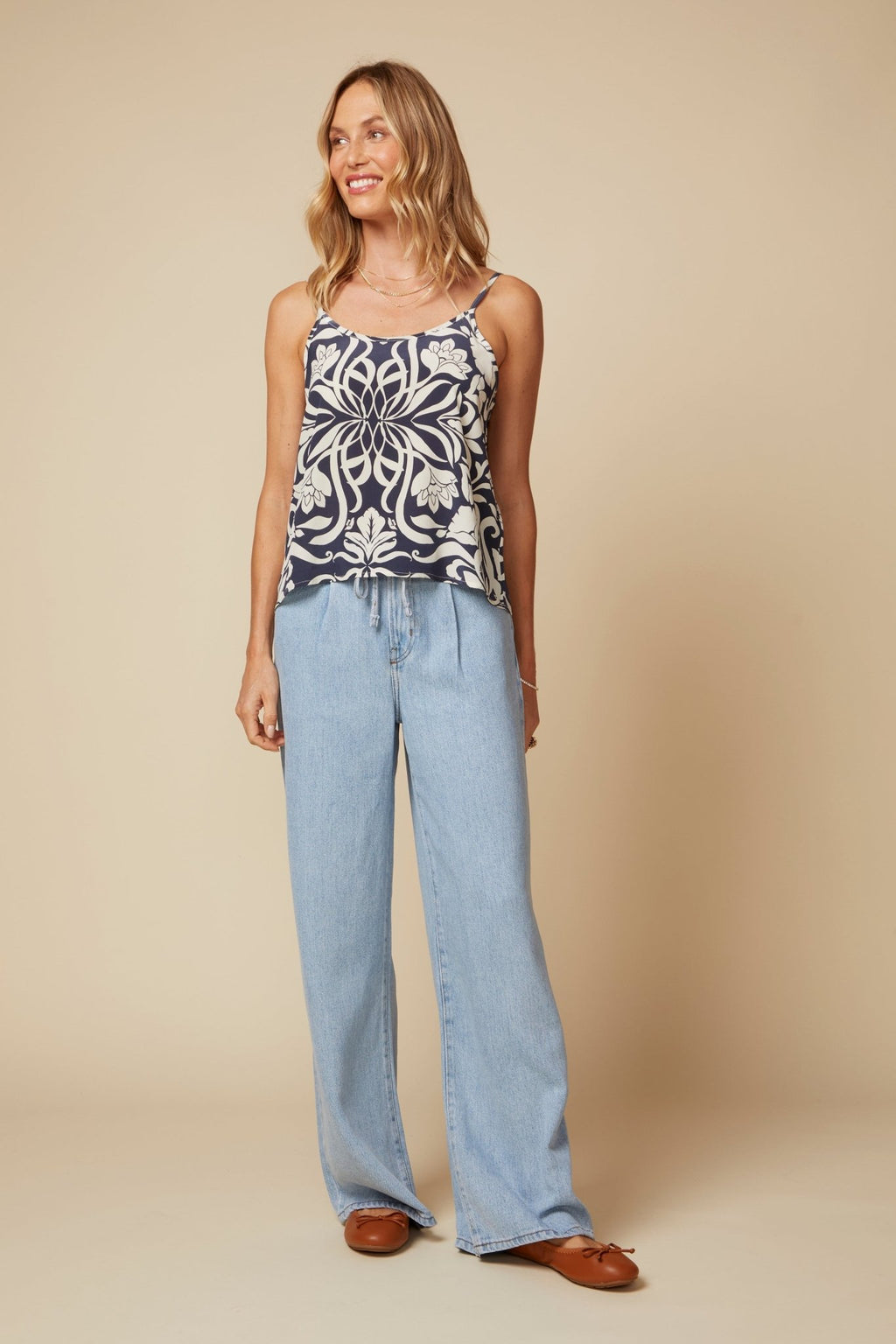 THE DAYNA SILK CAMI IN MONTE CARLO PRINT - ROYAL PALMS love & legacy