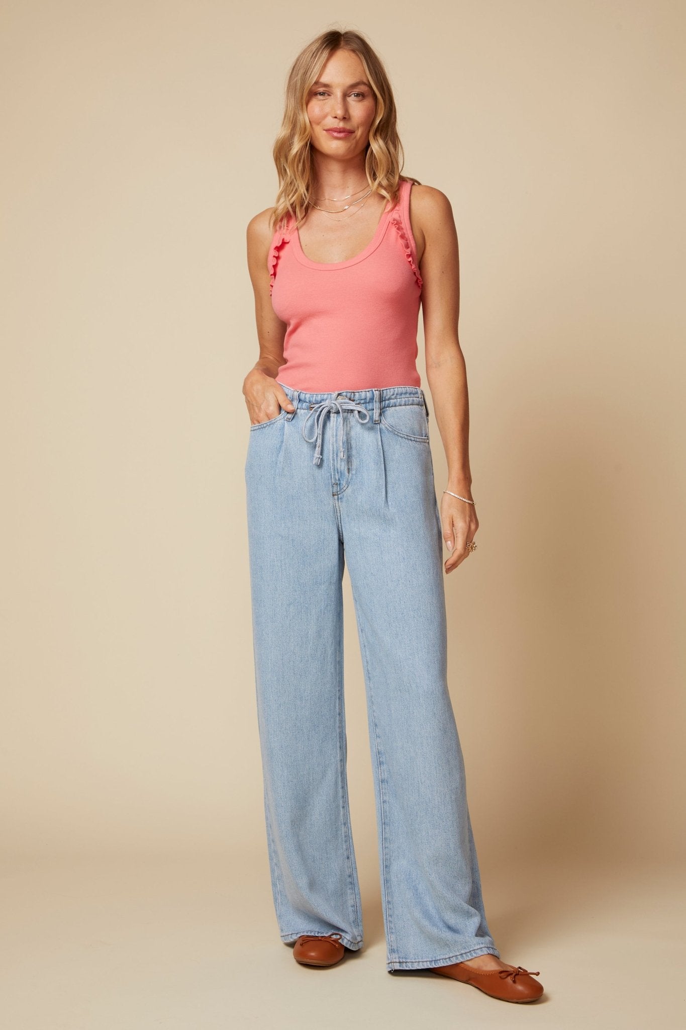 THE ELLA RUFFLE RIB TANK IN IN BRIGHT CORAL - BACK TO FRONT - ROYAL PALMS love & legacy