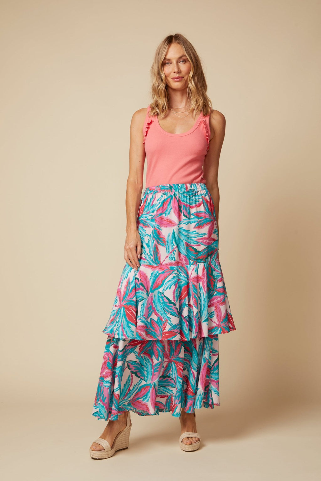 THE ELLA RUFFLE RIB TANK IN IN BRIGHT CORAL - BACK TO FRONT - ROYAL PALMS love & legacy