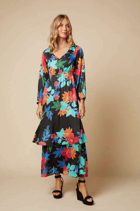 THE HARLOW SILK TIERED MAXI DRESS IN CAPRI FLORAL PRINT - ROYAL PALMS love & legacy