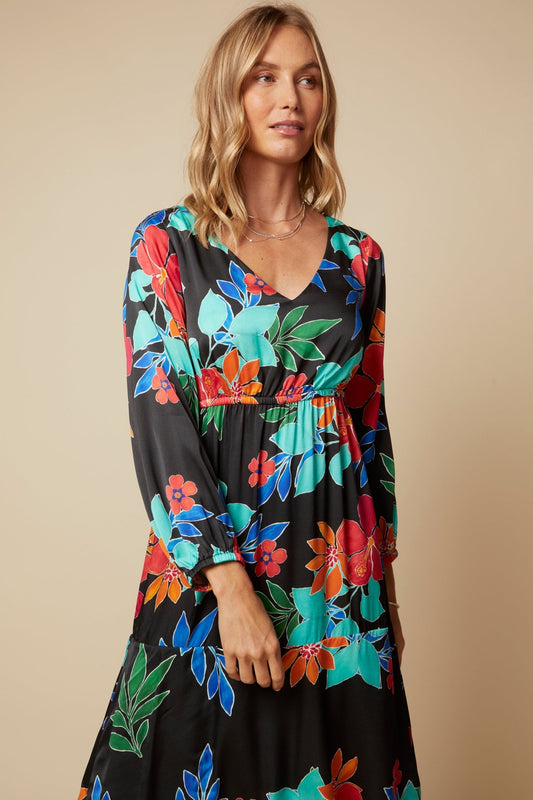 THE HARLOW SILK TIERED MAXI DRESS IN CAPRI FLORAL PRINT - ROYAL PALMS love & legacy
