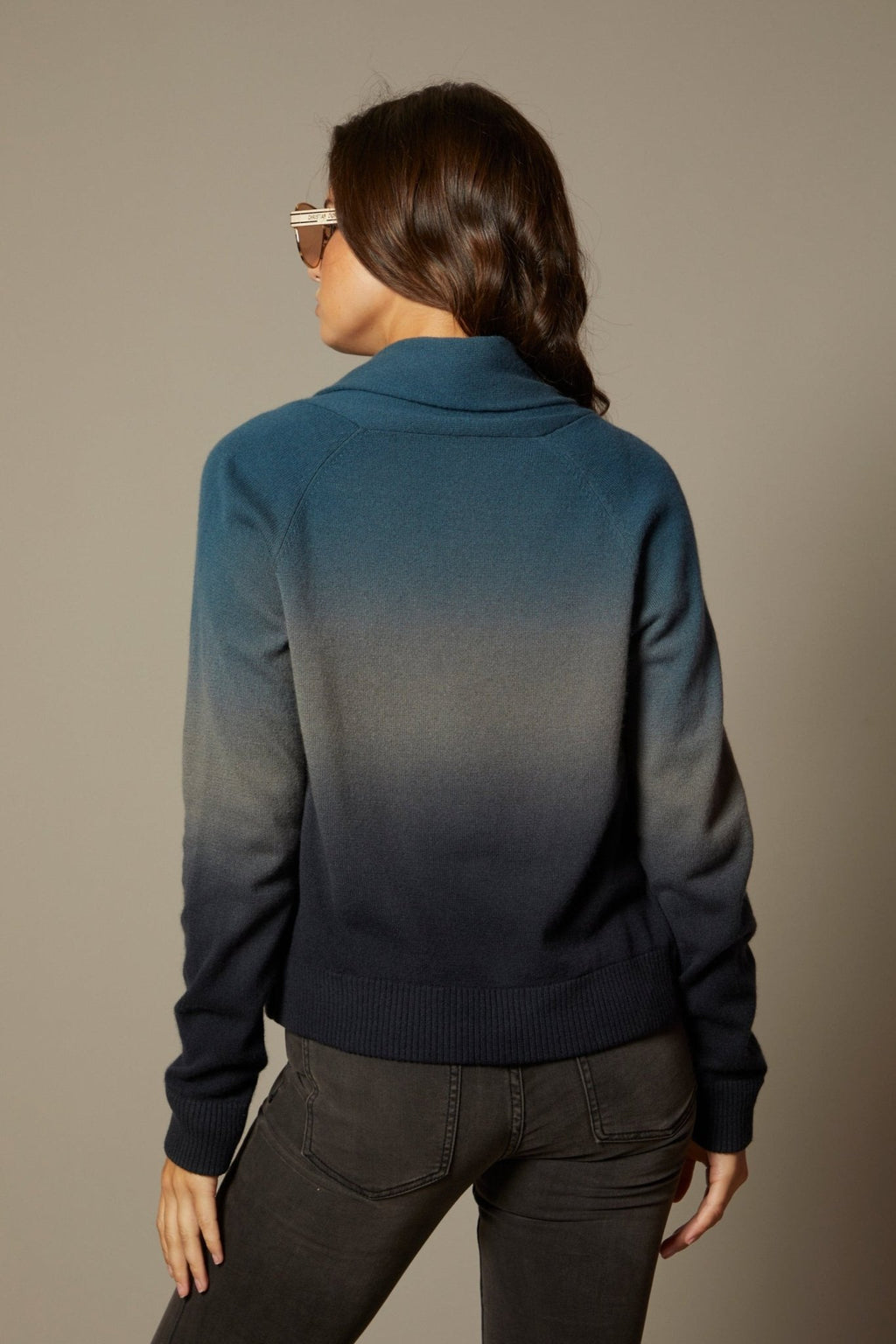 THE HEIDI CASHMERE OPEN CARDIGAN IN MIDNIGHT FADE OMBRE DYE - ROYAL PALMS love & legacy