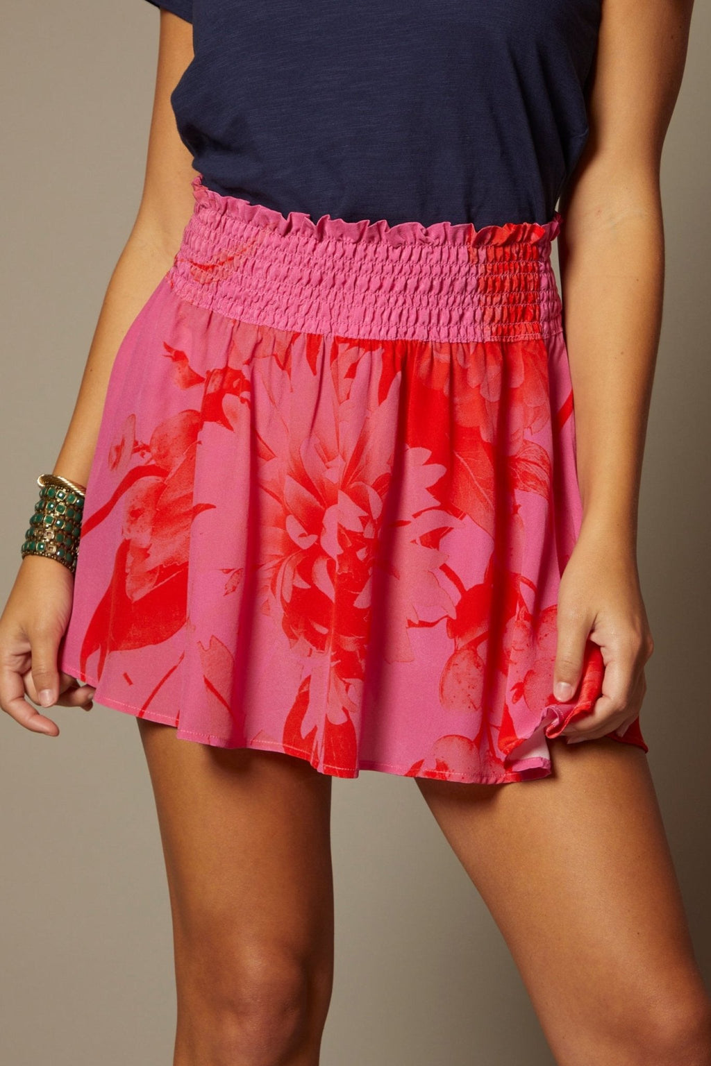 THE ISABEL SILK MINI SKIRT IN MARBELLA FLORAL PRINT - ROYAL PALMS love & legacy