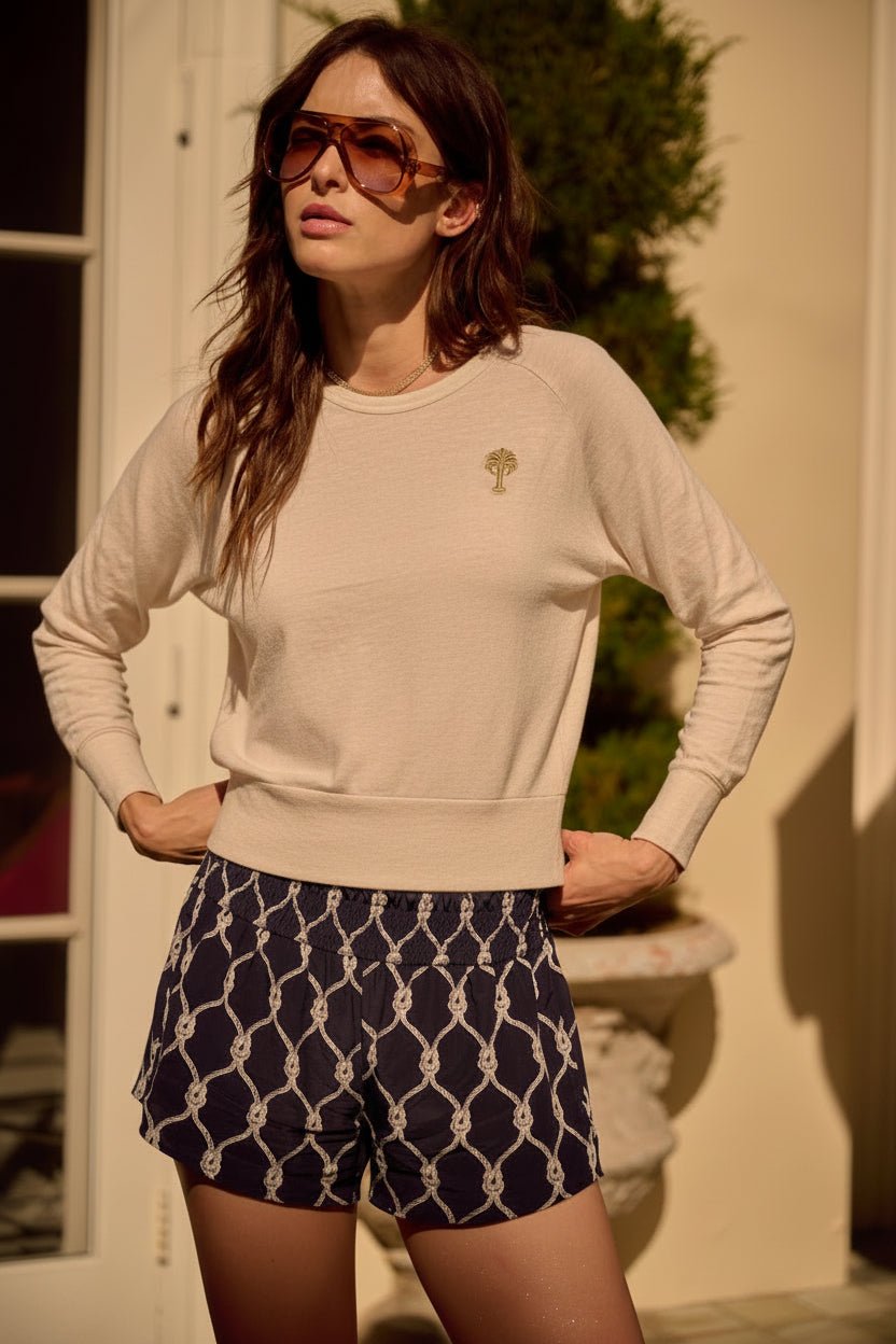THE JAYNE SILK SHORTS IN NAUTICAL ROPE PRINT - ROYAL PALMS love & legacy