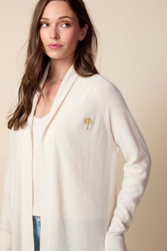 THE JOCELYN CASHMERE SHAWL COLLAR OPEN CARDIGAN IN CREAM - ROYAL PALMS love & legacy