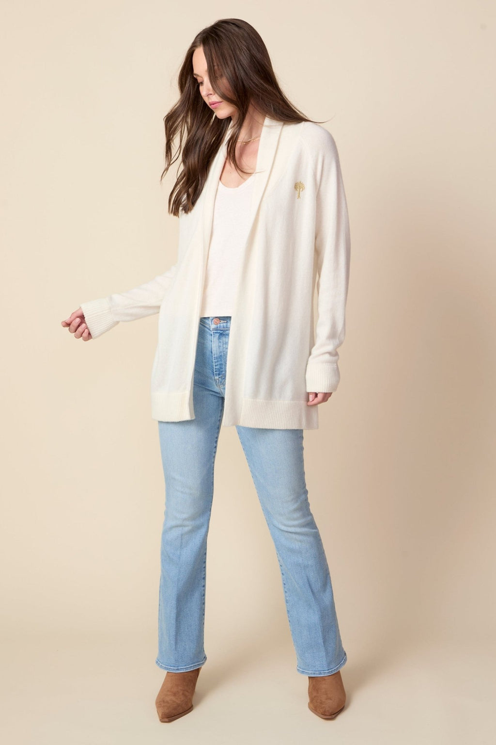 THE JOCELYN CASHMERE SHAWL COLLAR OPEN CARDIGAN IN CREAM - ROYAL PALMS love & legacy