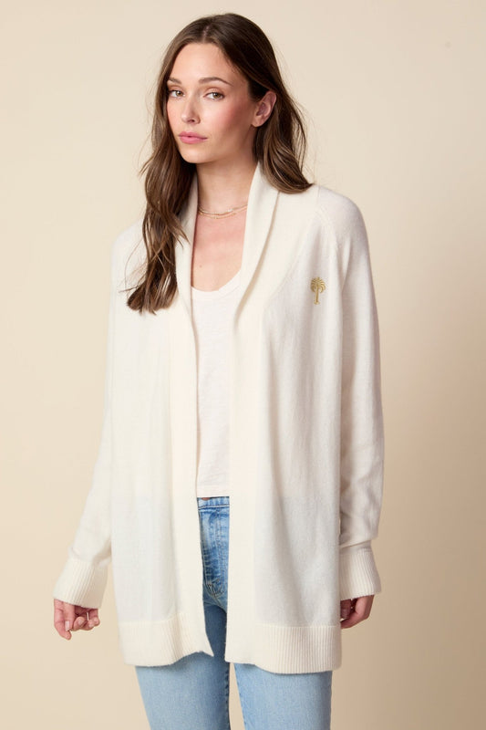 THE JOCELYN CASHMERE SHAWL COLLAR OPEN CARDIGAN IN CREAM - ROYAL PALMS love & legacy