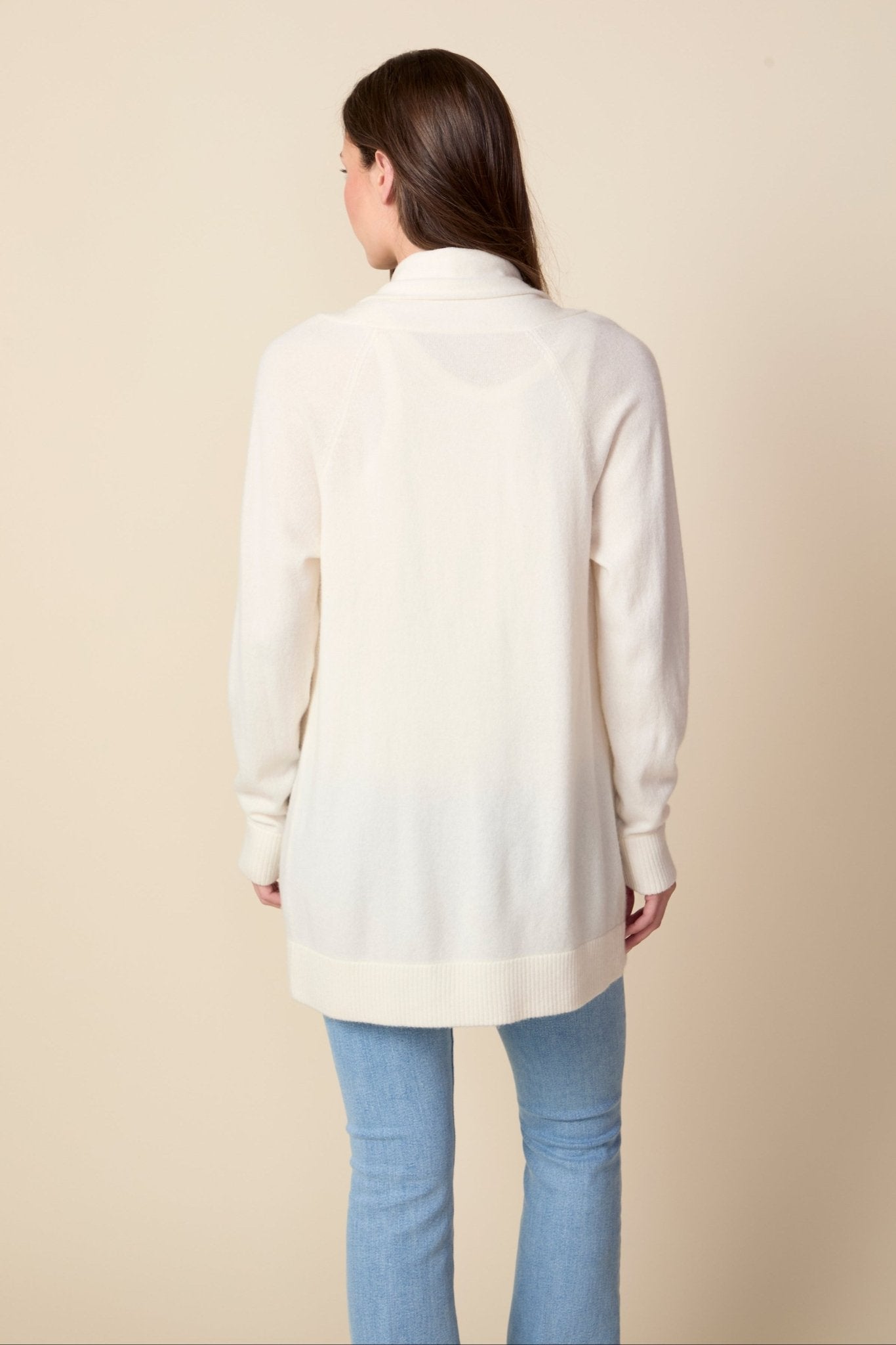 THE JOCELYN CASHMERE SHAWL COLLAR OPEN CARDIGAN IN CREAM - ROYAL PALMS love & legacy