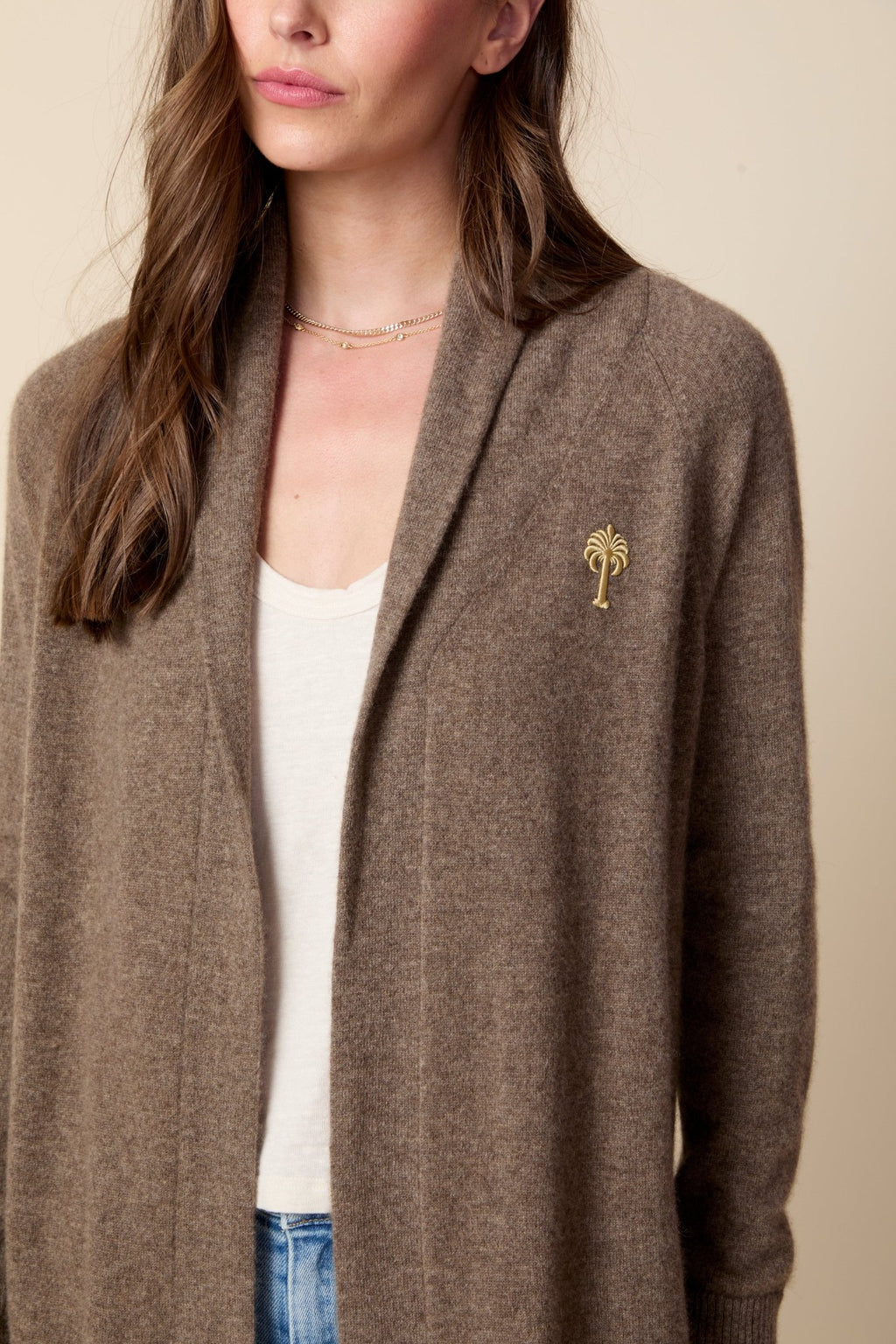 THE JOCELYN CASHMERE SHAWL COLLAR OPEN CARDIGAN IN DARK OATMEAL - ROYAL PALMS love & legacy