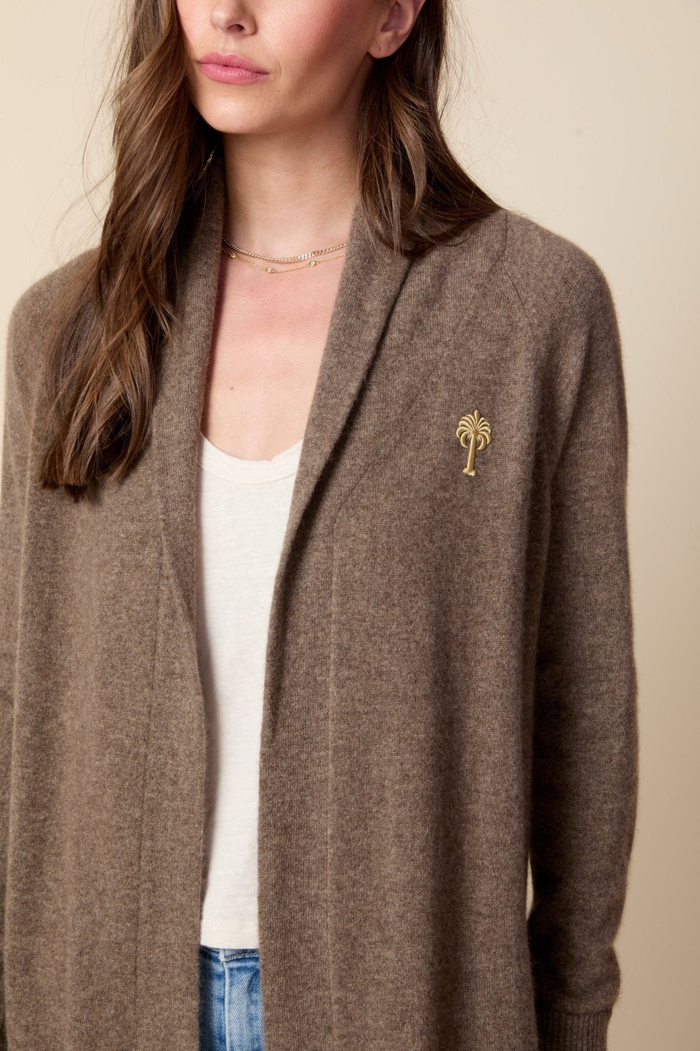 THE JOCELYN CASHMERE SHAWL COLLAR OPEN CARDIGAN IN DARK OATMEAL - ROYAL PALMS love & legacy