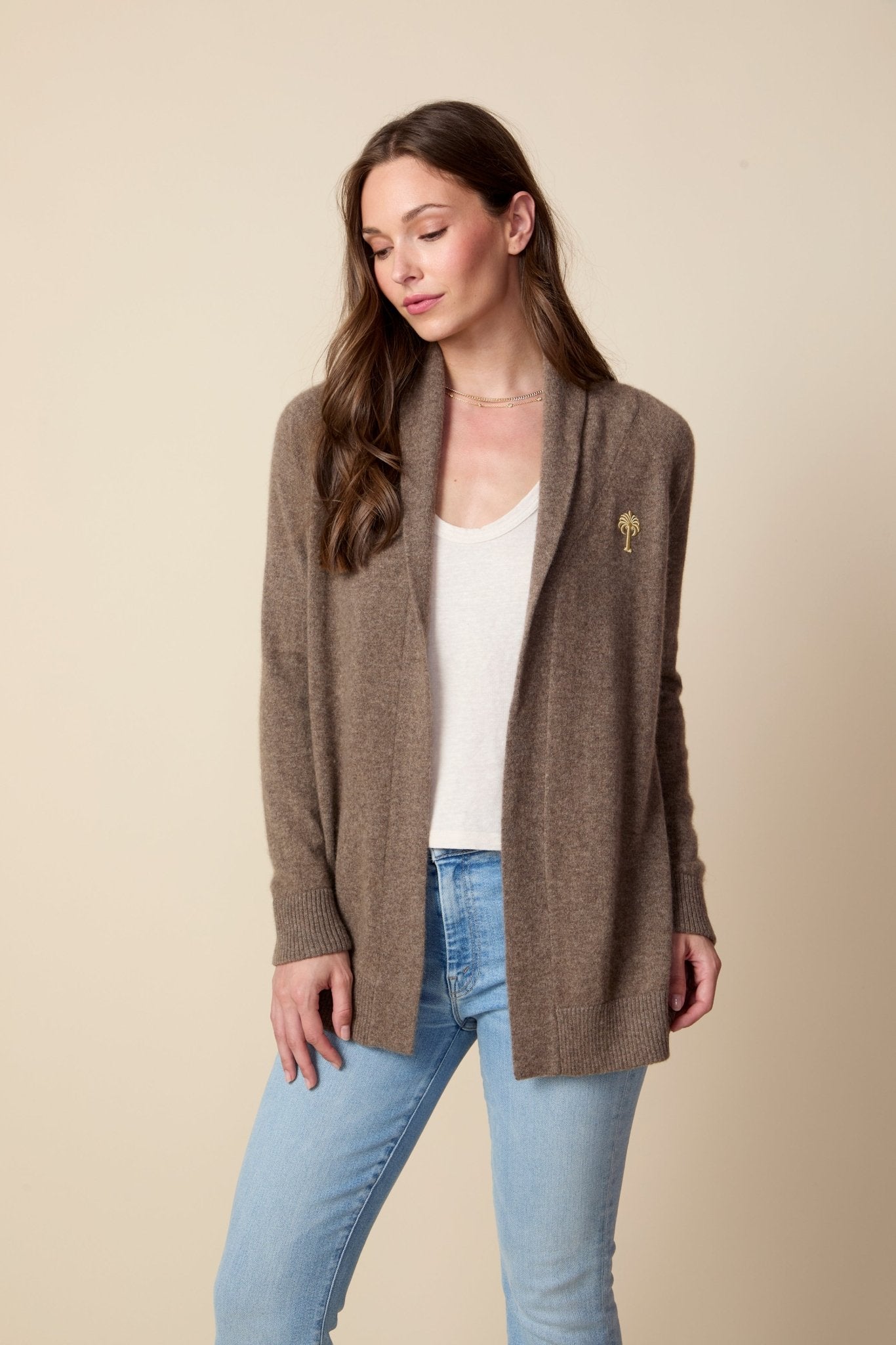 THE JOCELYN CASHMERE SHAWL COLLAR OPEN CARDIGAN IN DARK OATMEAL - ROYAL PALMS love & legacy