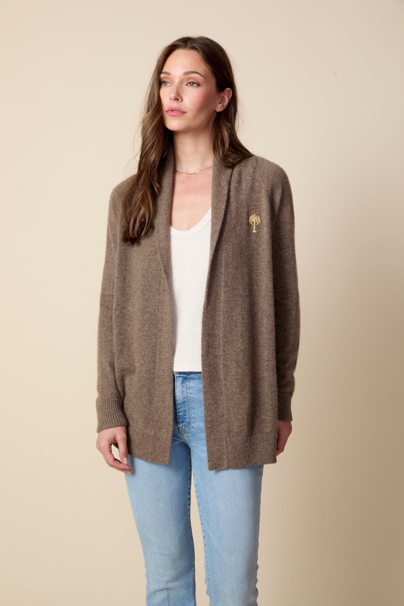 THE JOCELYN CASHMERE SHAWL COLLAR OPEN CARDIGAN IN DARK OATMEAL - ROYAL PALMS love & legacy