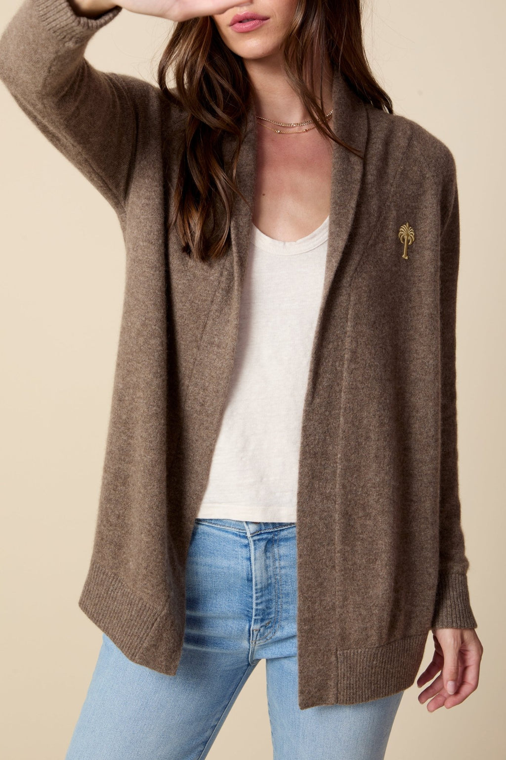 THE JOCELYN CASHMERE SHAWL COLLAR OPEN CARDIGAN IN DARK OATMEAL - ROYAL PALMS love & legacy