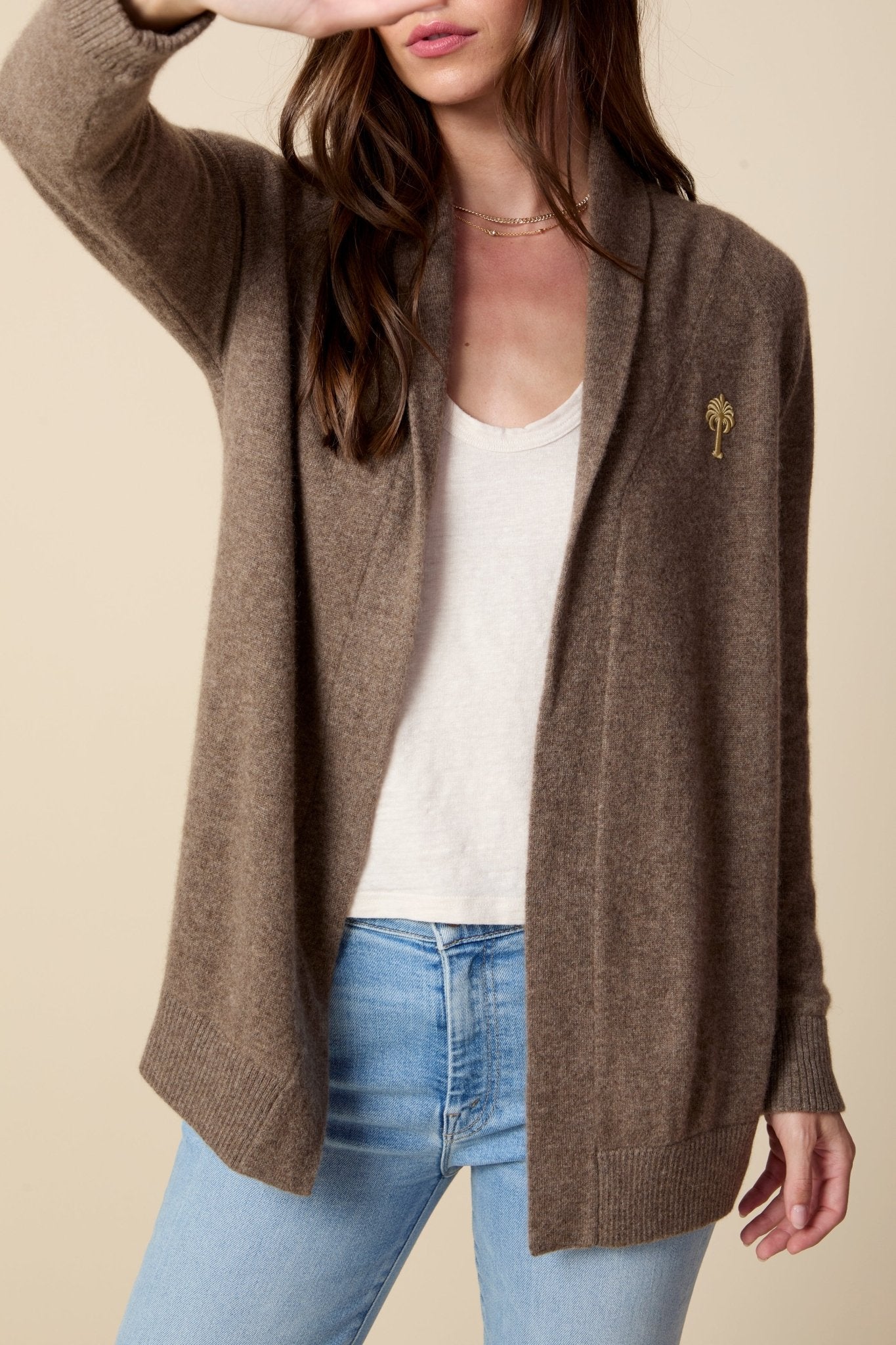 THE JOCELYN CASHMERE SHAWL COLLAR OPEN CARDIGAN IN DARK OATMEAL - ROYAL PALMS love & legacy