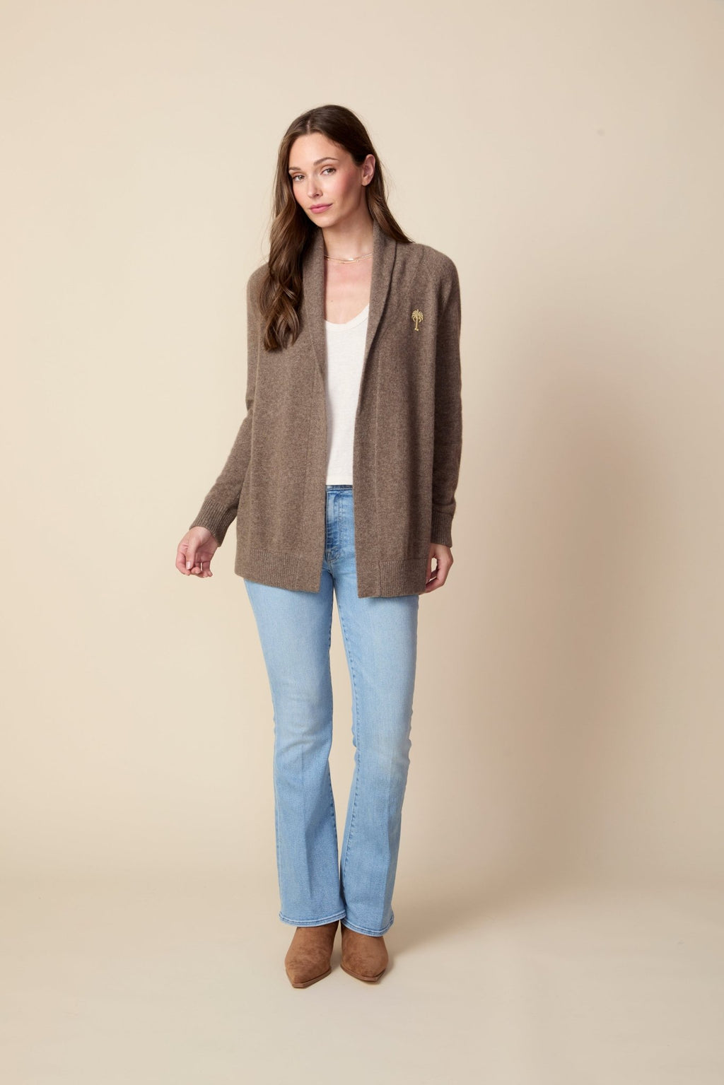 THE JOCELYN CASHMERE SHAWL COLLAR OPEN CARDIGAN IN DARK OATMEAL - ROYAL PALMS love & legacy