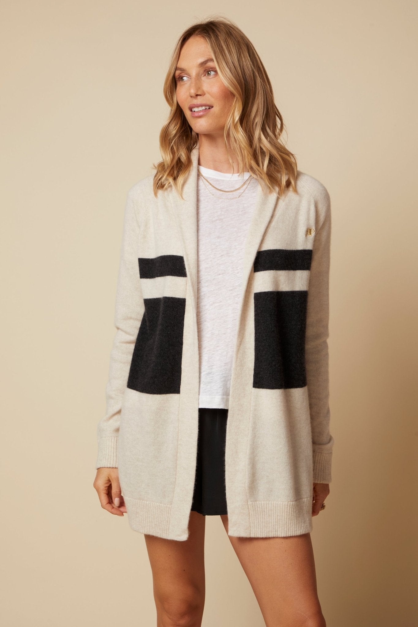 THE JOCELYN CASHMERE SHAWL COLLAR OPEN CARDIGAN IN LIGHT OATMEAL & CHARCOAL STRIPE - ROYAL PALMS love & legacy