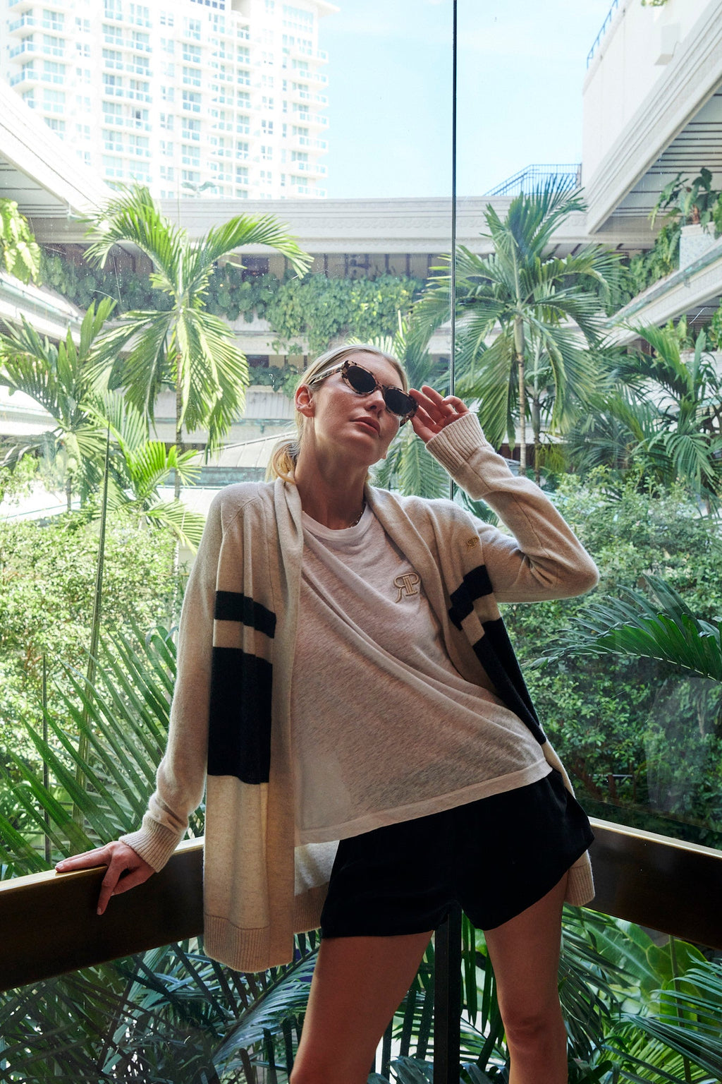 THE JOCELYN CASHMERE SHAWL COLLAR OPEN CARDIGAN IN LIGHT OATMEAL & CHARCOAL STRIPE - ROYAL PALMS love & legacy