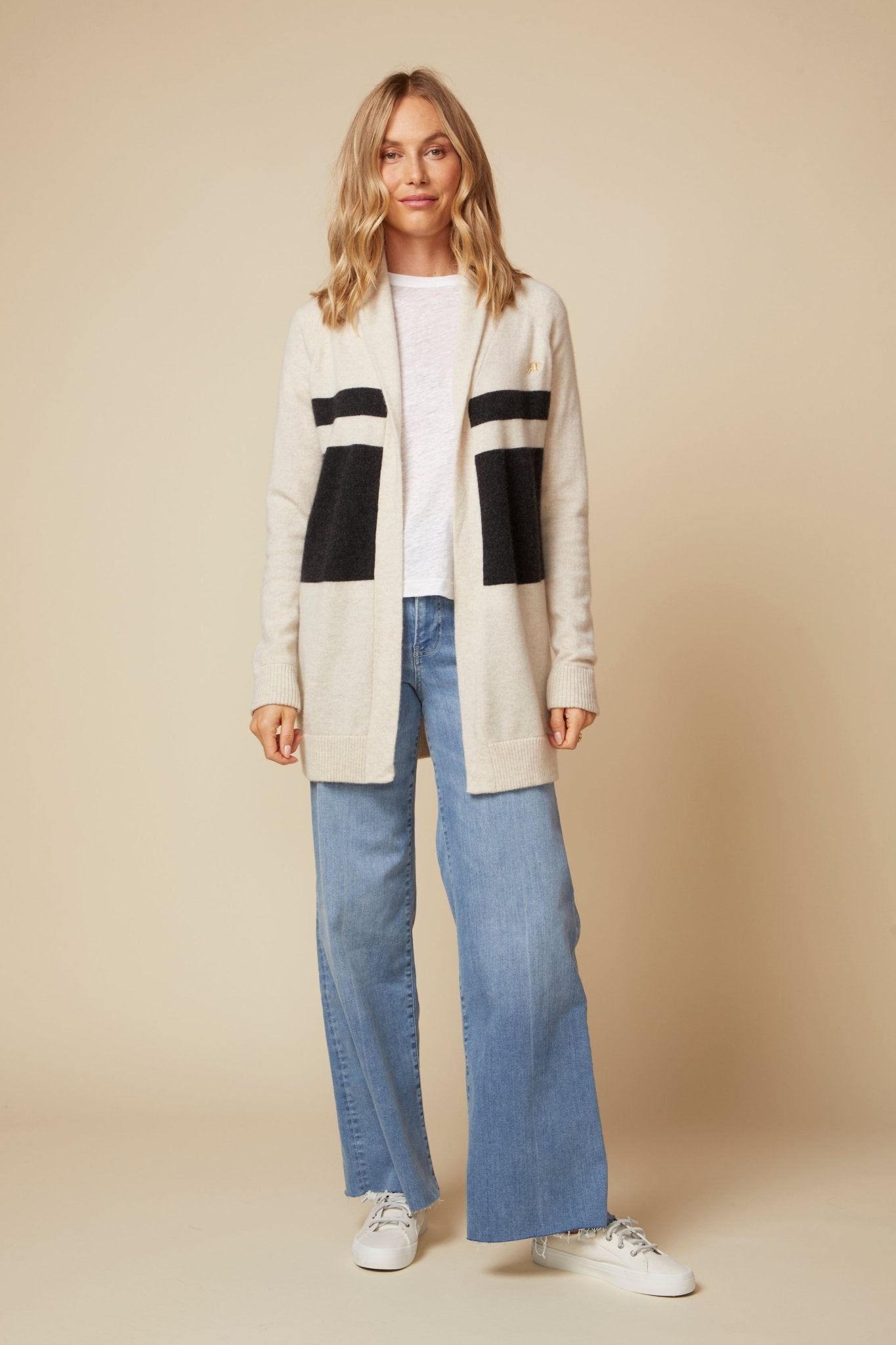 THE JOCELYN CASHMERE SHAWL COLLAR OPEN CARDIGAN IN LIGHT OATMEAL & CHARCOAL STRIPE - ROYAL PALMS love & legacy