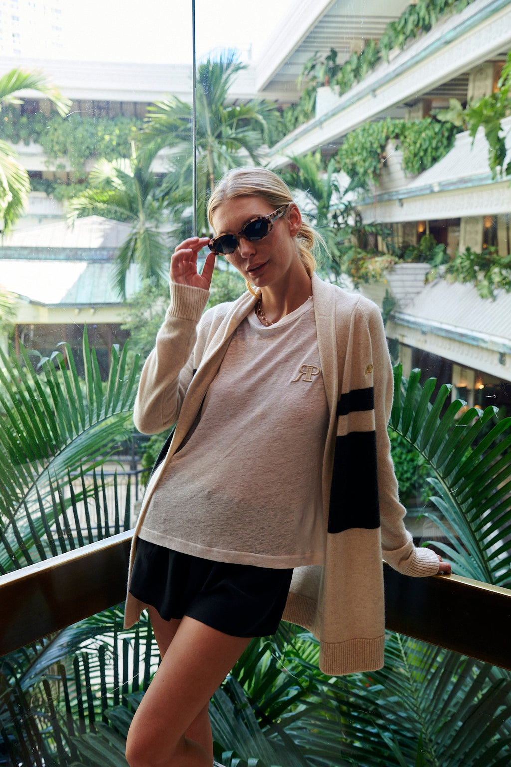 THE JOCELYN CASHMERE SHAWL COLLAR OPEN CARDIGAN IN LIGHT OATMEAL & CHARCOAL STRIPE - ROYAL PALMS love & legacy