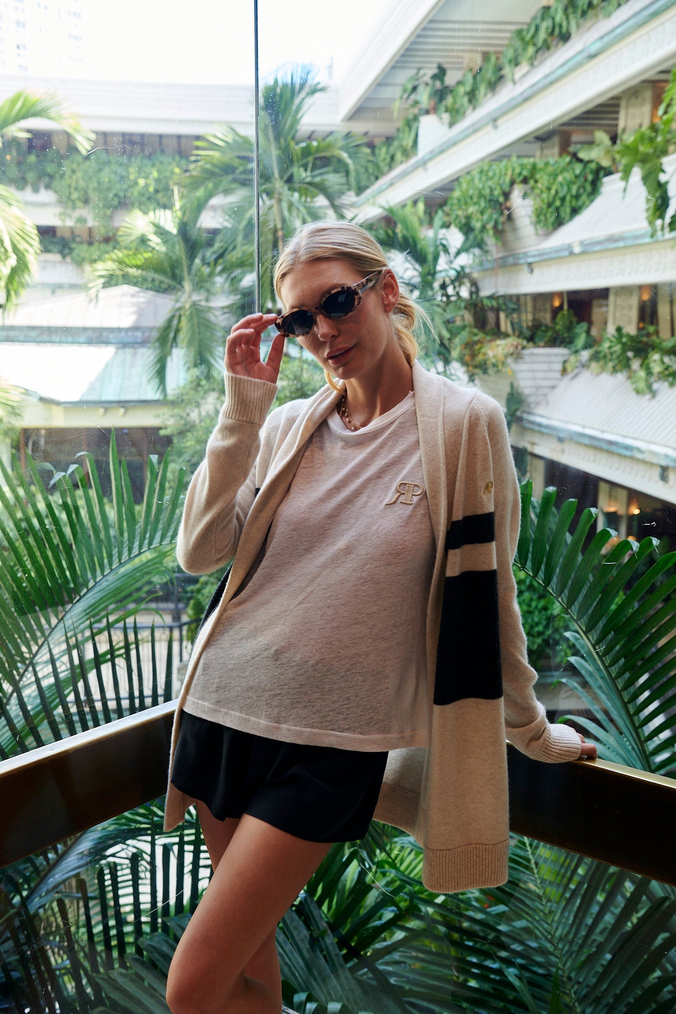 THE JOCELYN CASHMERE SHAWL COLLAR OPEN CARDIGAN IN LIGHT OATMEAL & CHARCOAL STRIPE - ROYAL PALMS love & legacy