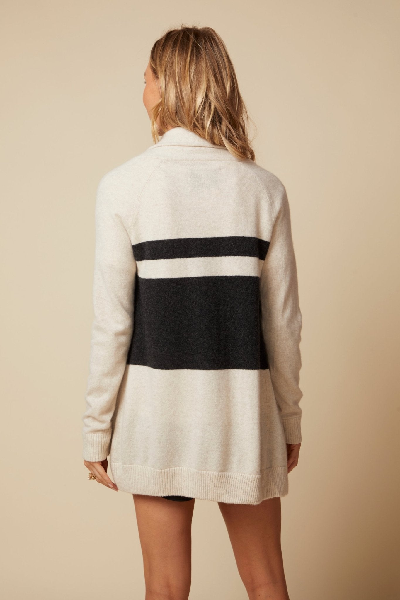 THE JOCELYN CASHMERE SHAWL COLLAR OPEN CARDIGAN IN LIGHT OATMEAL & CHARCOAL STRIPE - ROYAL PALMS love & legacy