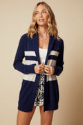 THE JOCELYN CASHMERE SHAWL COLLAR OPEN CARDIGAN IN NAVY & LIGHT OATMEAL STRIPE - ROYAL PALMS love & legacy