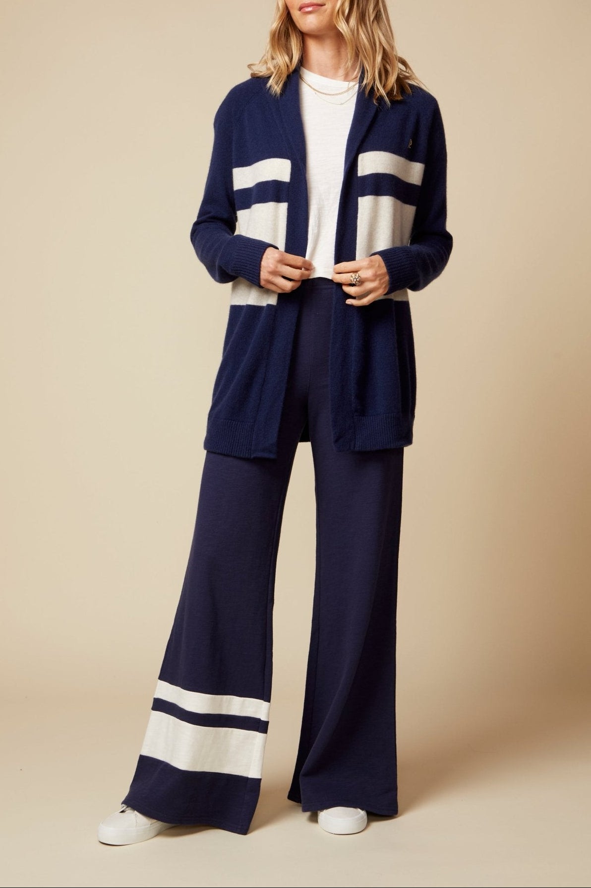 THE JOCELYN CASHMERE CARDIGAN IN NAVY & LIGHT OATMEAL STRIPE