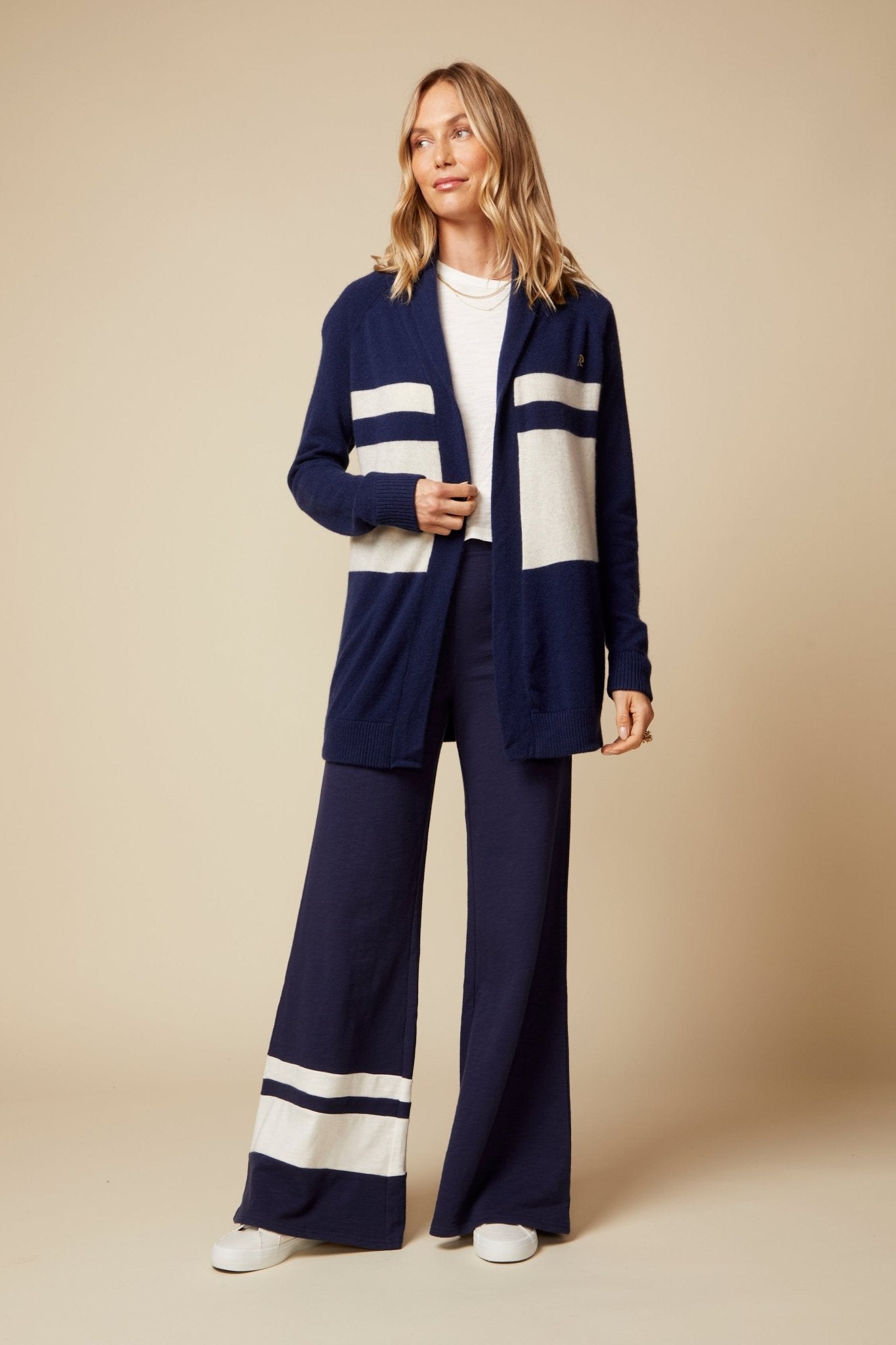 THE KATE PANT COLOR BLOCKED IN COTTON SLUB FRENCH TERRY IN NAVY - ROYAL PALMS love & legacy