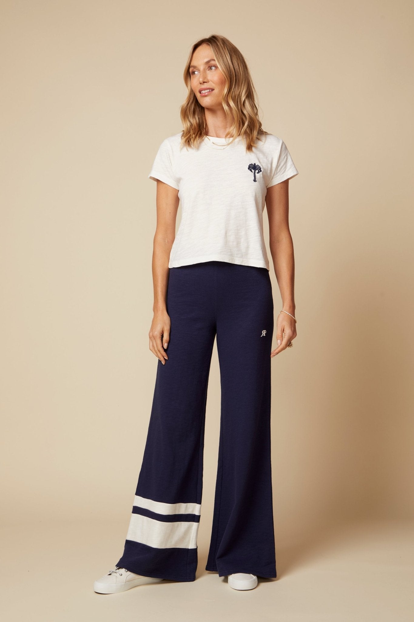 THE KATE PANT COLOR BLOCKED IN COTTON SLUB FRENCH TERRY IN NAVY - ROYAL PALMS love & legacy