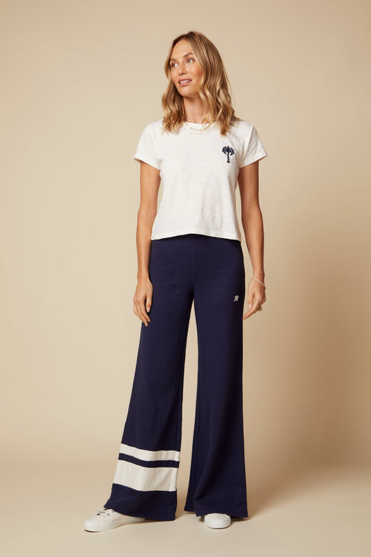 THE KATE PANT COLOR BLOCKED IN COTTON SLUB FRENCH TERRY IN NAVY - ROYAL PALMS love & legacy