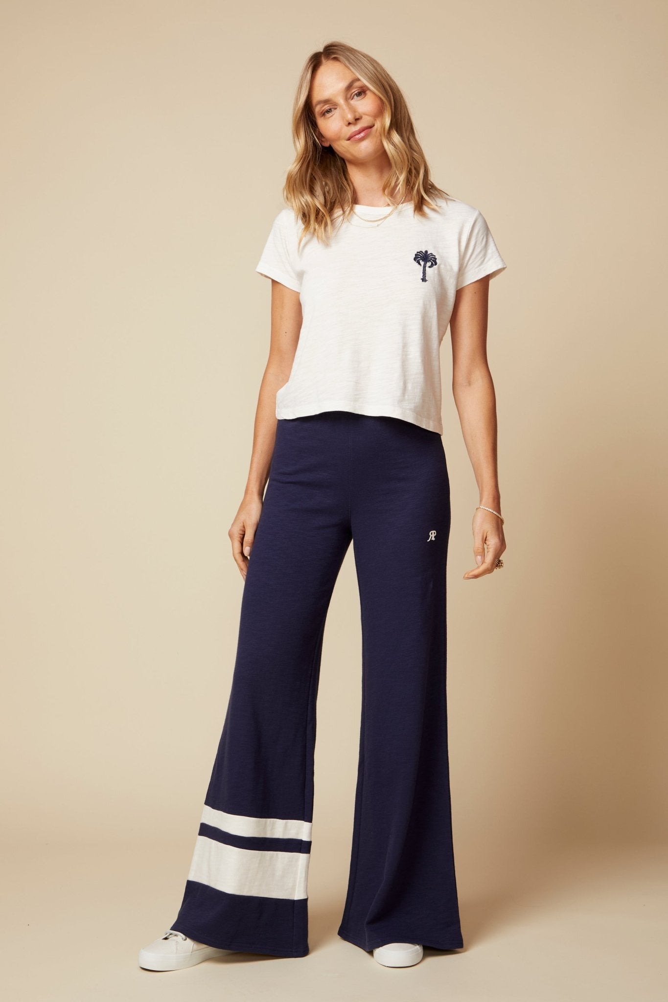 THE KATE PANT COLOR BLOCKED IN COTTON SLUB FRENCH TERRY IN NAVY - ROYAL PALMS love & legacy