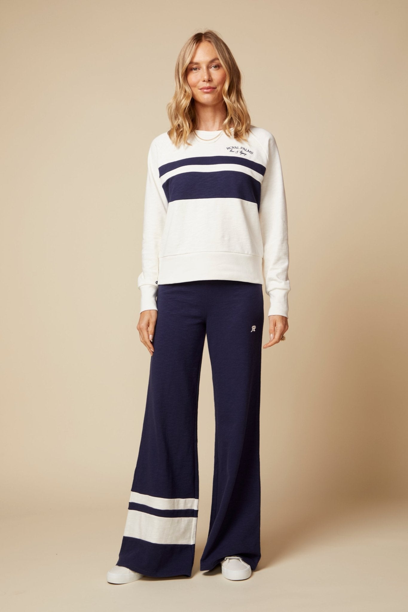 THE KATE PANT COLOR BLOCKED IN COTTON SLUB FRENCH TERRY IN NAVY - ROYAL PALMS love & legacy