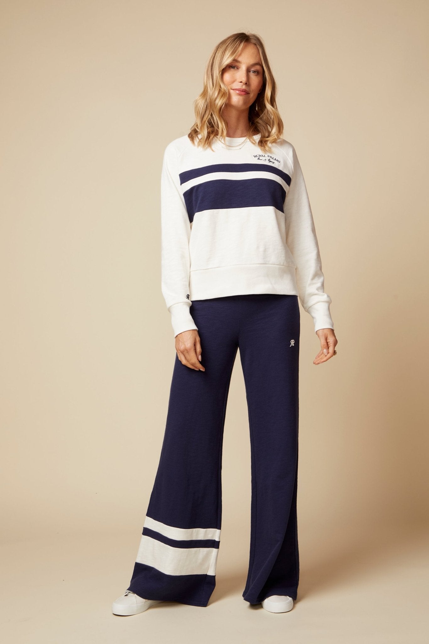 THE KATE PANT COLOR BLOCKED IN COTTON SLUB FRENCH TERRY IN NAVY - ROYAL PALMS love & legacy