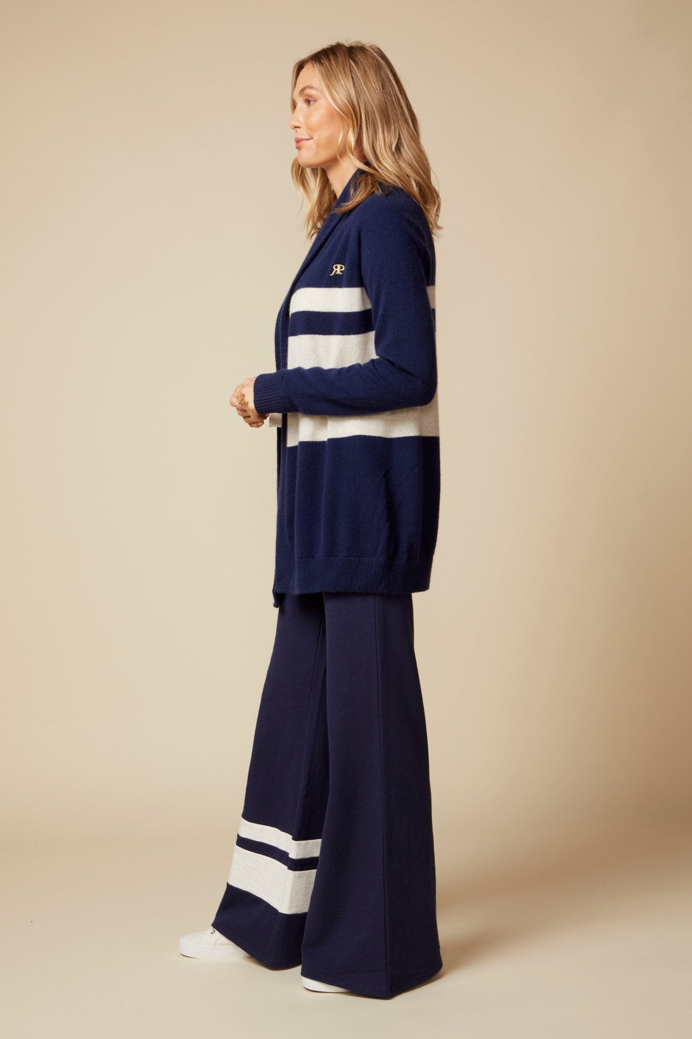 THE KATE PANT COLOR BLOCKED IN COTTON SLUB FRENCH TERRY IN NAVY - ROYAL PALMS love & legacy