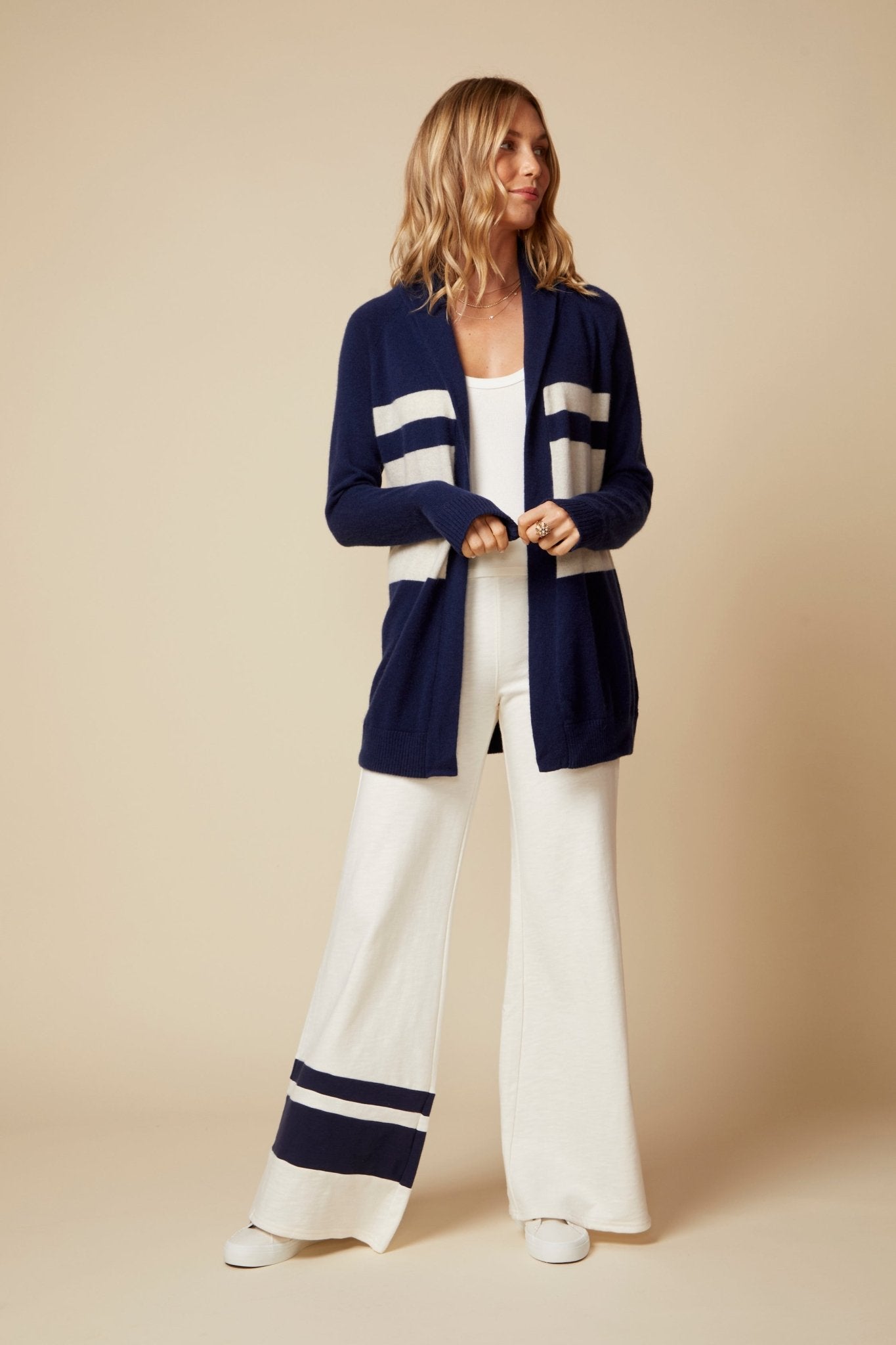 THE KATE PANT COLOR BLOCKED IN COTTON SLUB FRENCH TERRY IN VINTAGE WHITE - ROYAL PALMS love & legacy