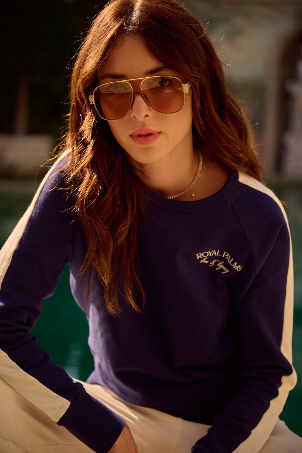 THE KELLY COLOR BLOCKED PULLOVER IN SLUB COTTON FRENCH TERRY IN NAVY BLUE - ROYAL PALMS love & legacy