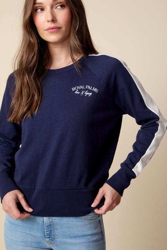 THE KELLY COLOR BLOCKED PULLOVER IN SLUB COTTON FRENCH TERRY IN NAVY BLUE - ROYAL PALMS love & legacy