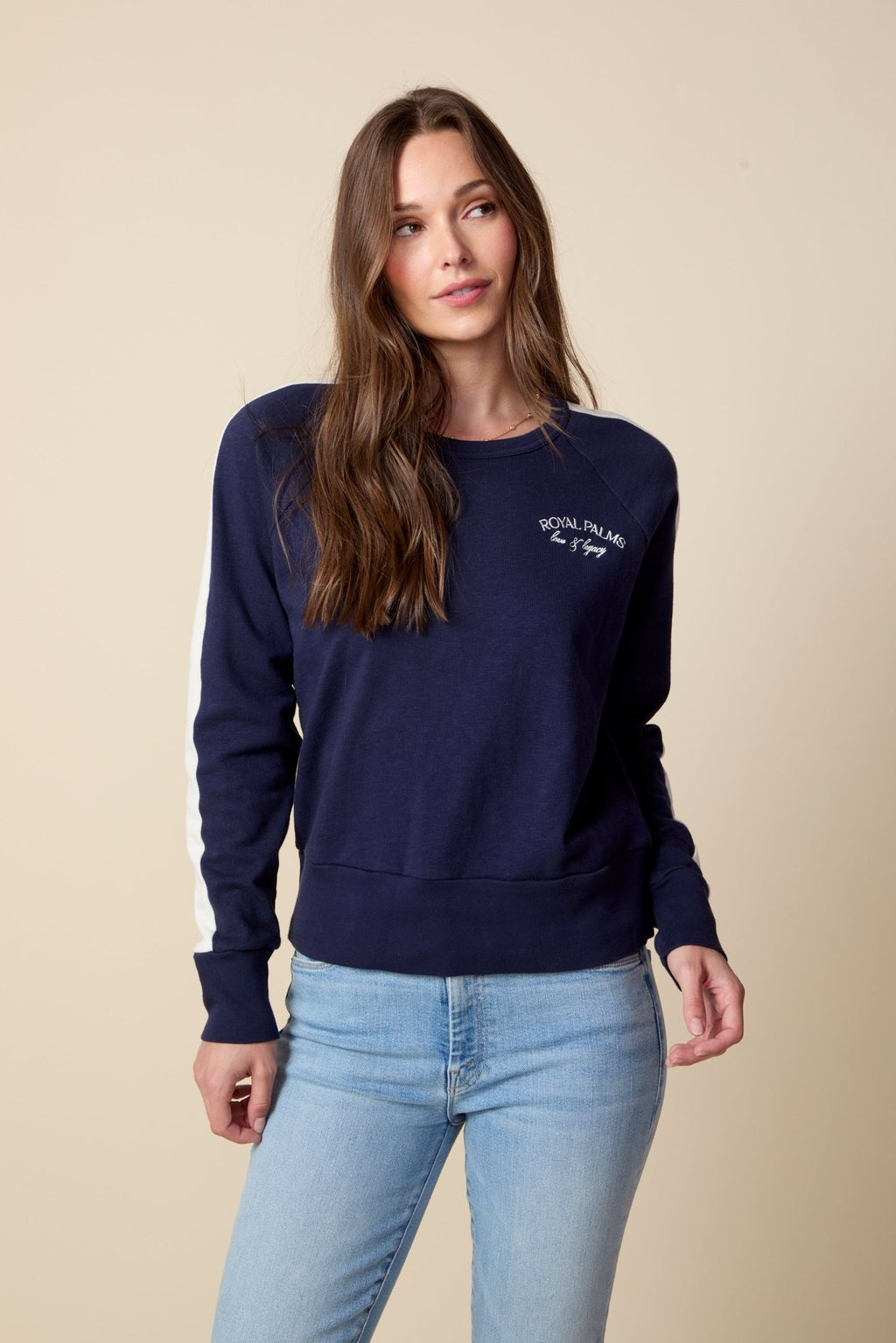 THE KELLY COLOR BLOCKED PULLOVER IN SLUB COTTON FRENCH TERRY IN NAVY BLUE - ROYAL PALMS love & legacy