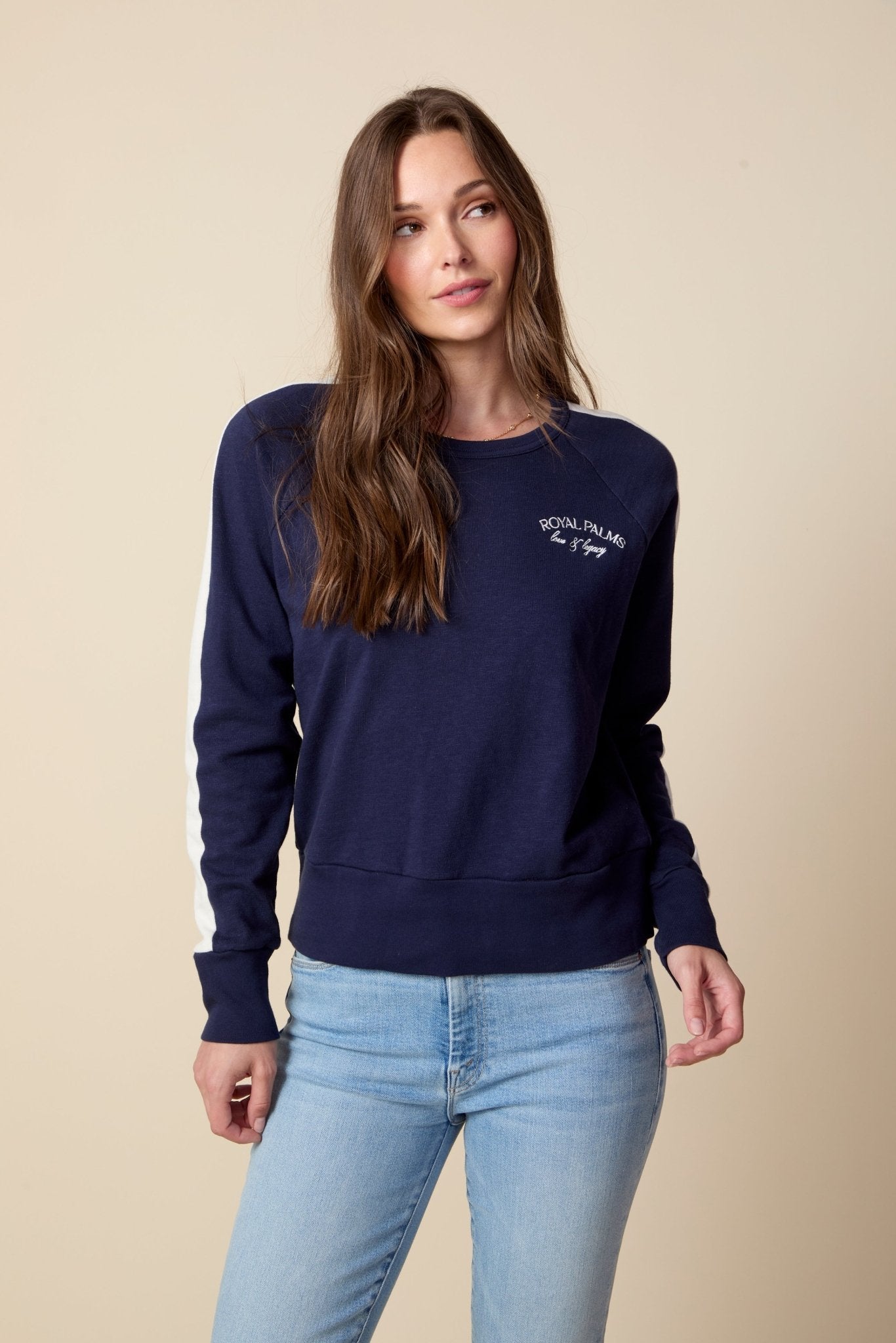 THE KELLY COLOR BLOCKED PULLOVER IN SLUB COTTON FRENCH TERRY IN NAVY BLUE - ROYAL PALMS love & legacy