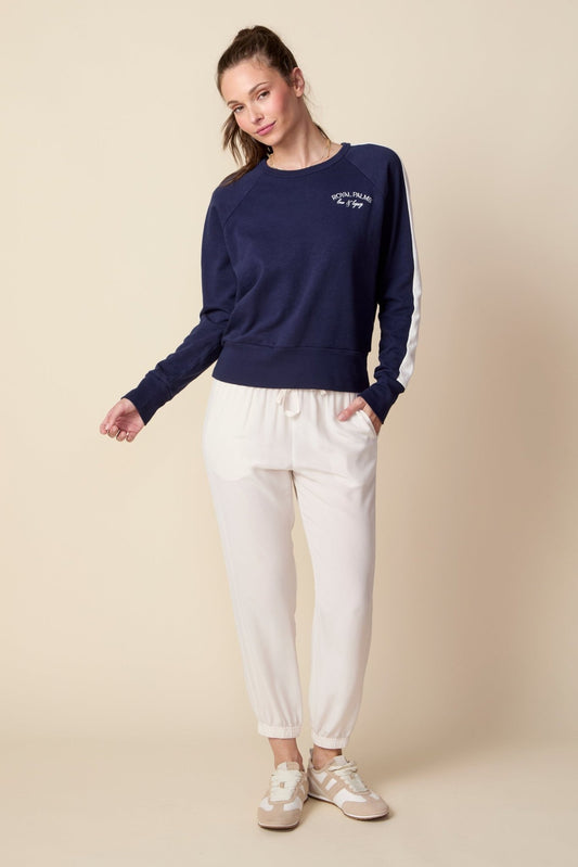 THE KELLY COLOR BLOCKED PULLOVER IN SLUB COTTON FRENCH TERRY IN NAVY BLUE - ROYAL PALMS love & legacy
