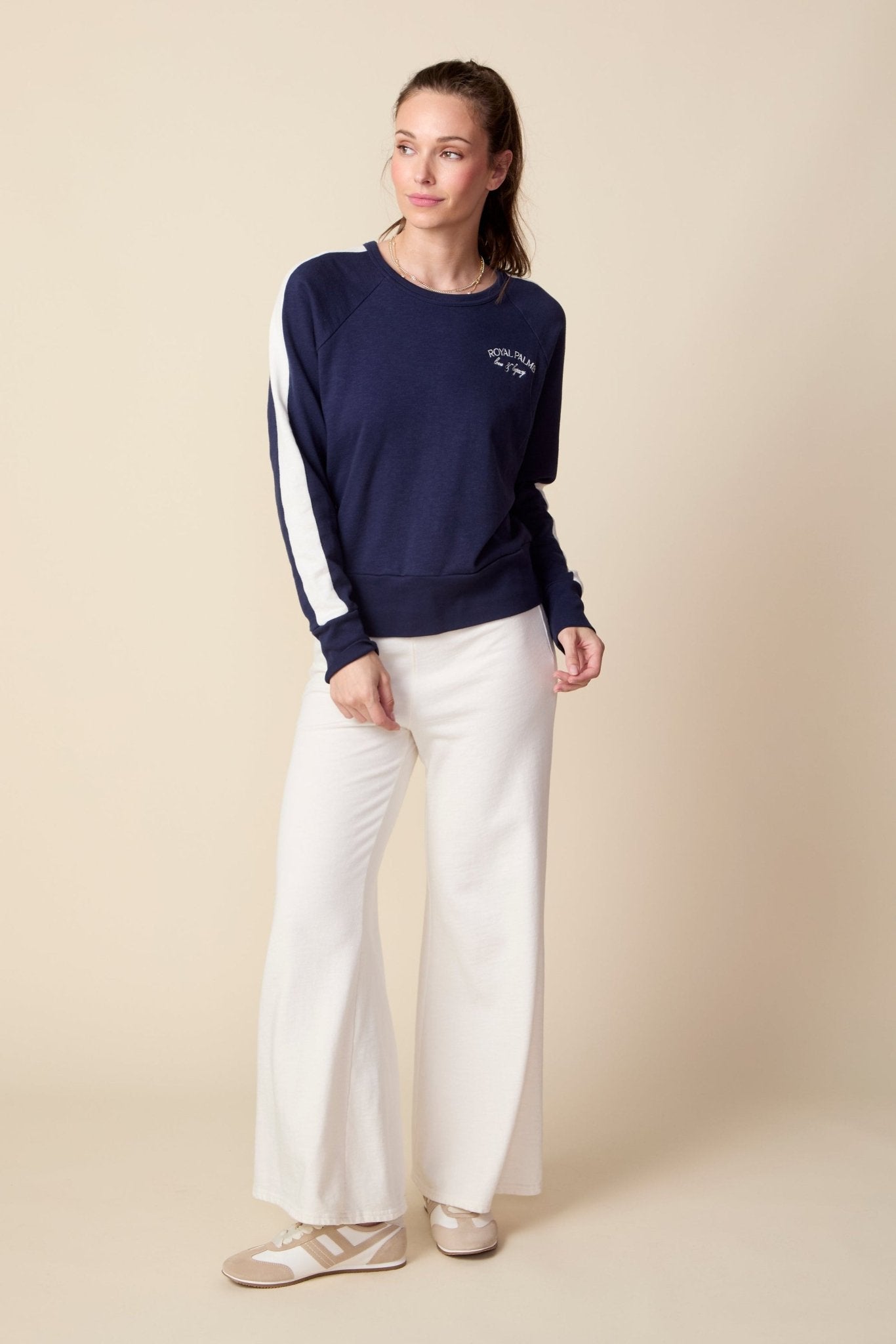 THE KELLY COLOR BLOCKED PULLOVER IN SLUB COTTON FRENCH TERRY IN NAVY BLUE - ROYAL PALMS love & legacy