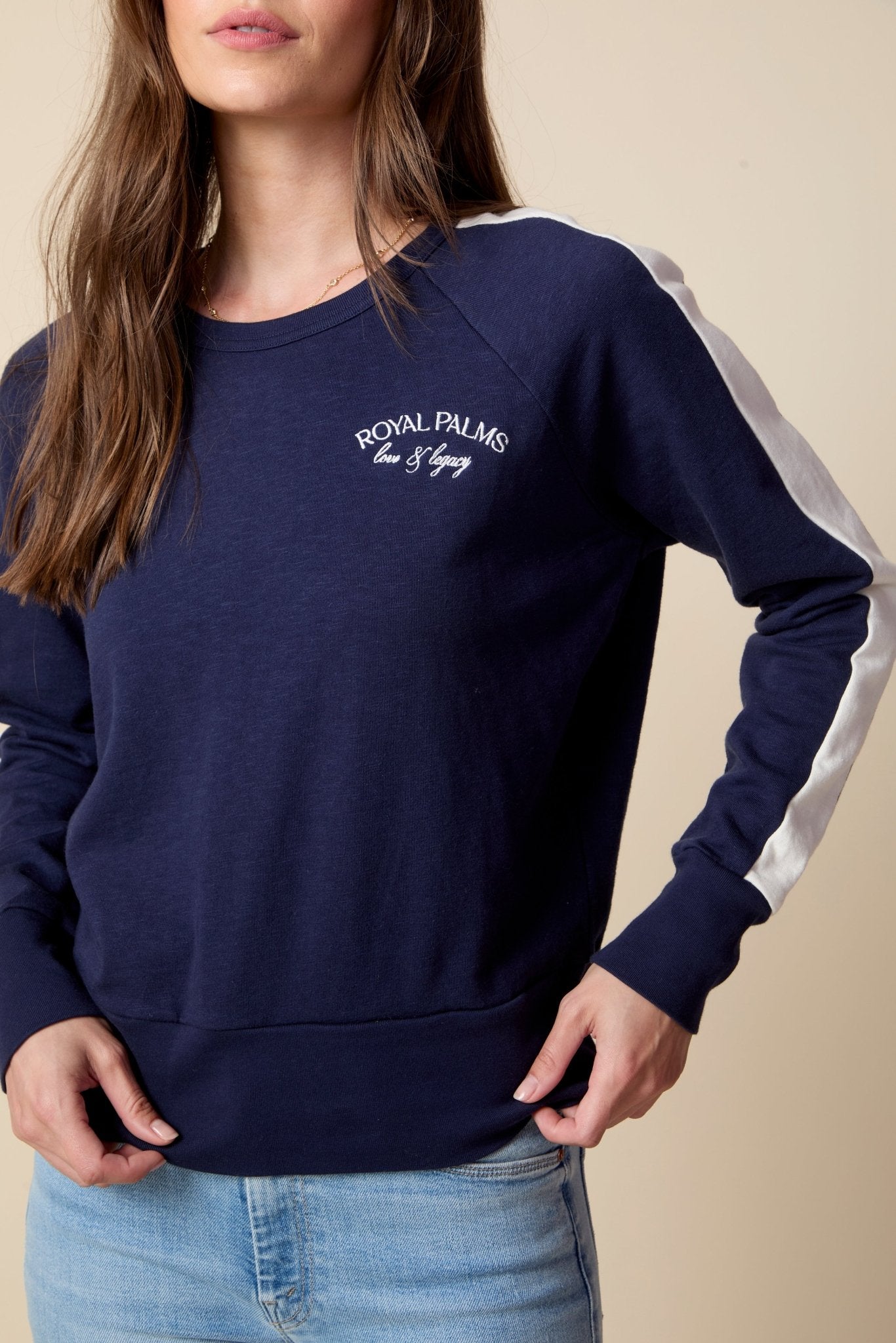 THE KELLY COLOR BLOCKED PULLOVER IN SLUB COTTON FRENCH TERRY IN NAVY BLUE - ROYAL PALMS love & legacy