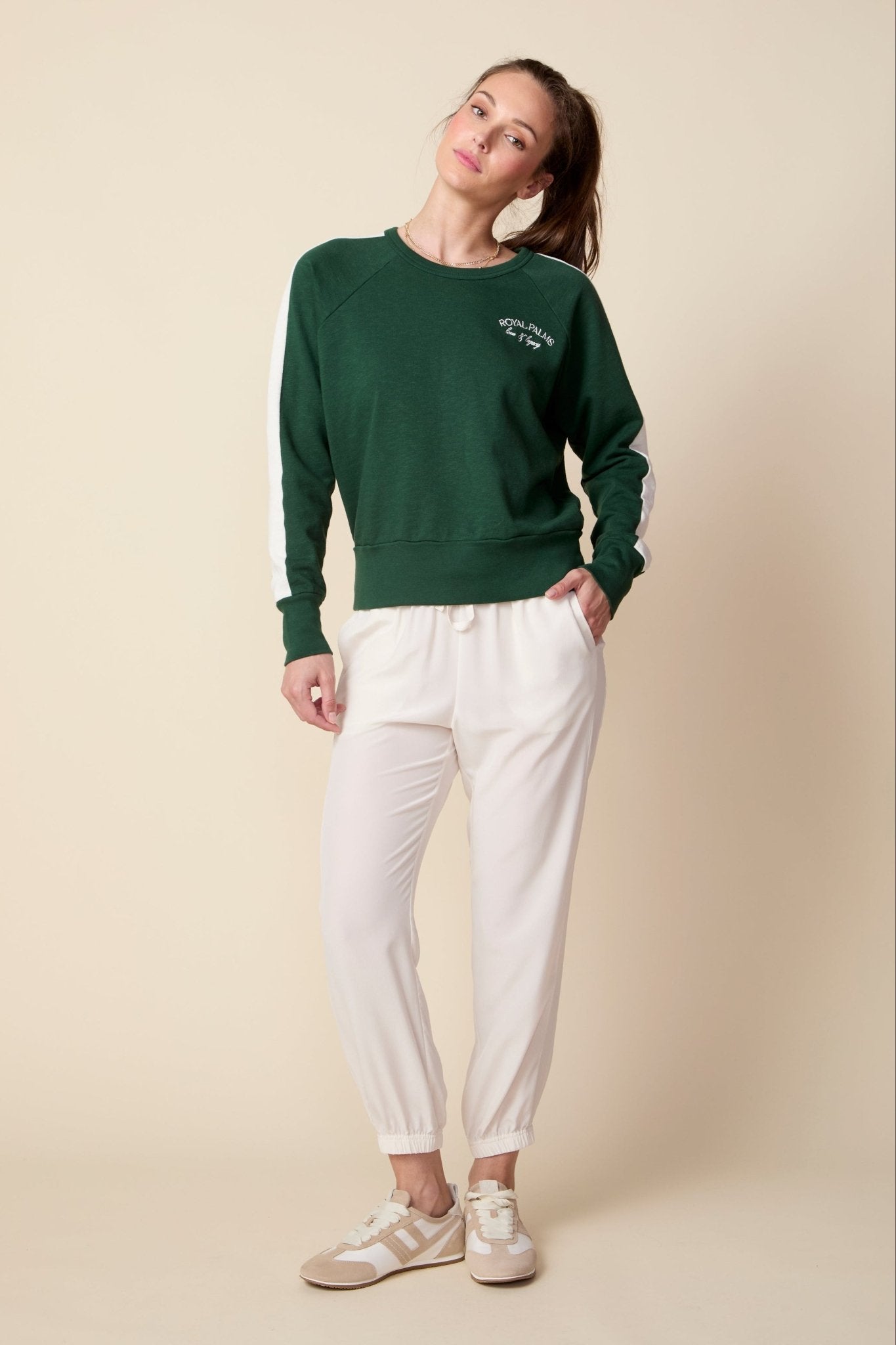 THE KELLY PULLOVER IN PINE NEEDLE GREEN - ROYAL PALMS love & legacy