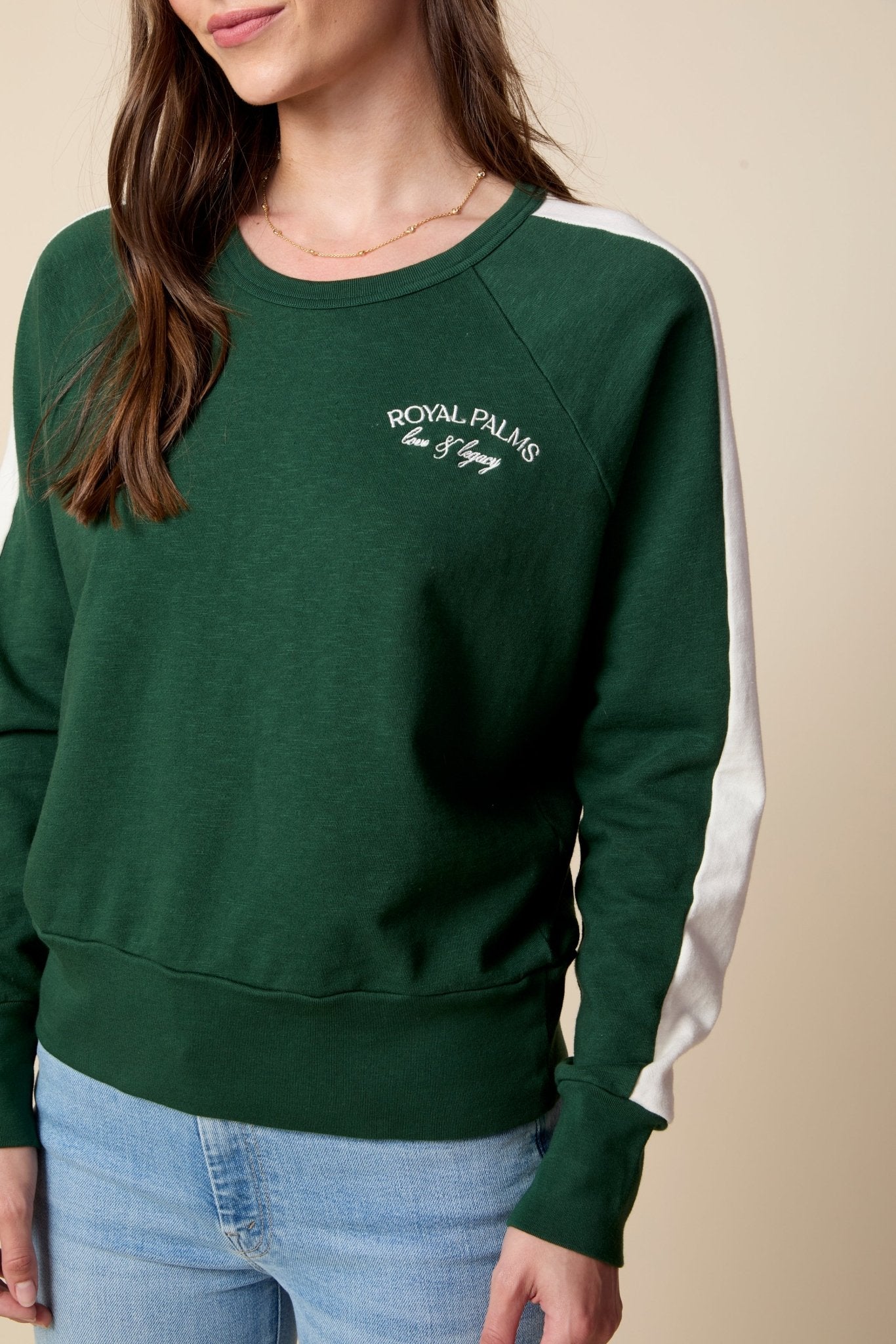 THE KELLY PULLOVER IN PINE NEEDLE GREEN - ROYAL PALMS love & legacy