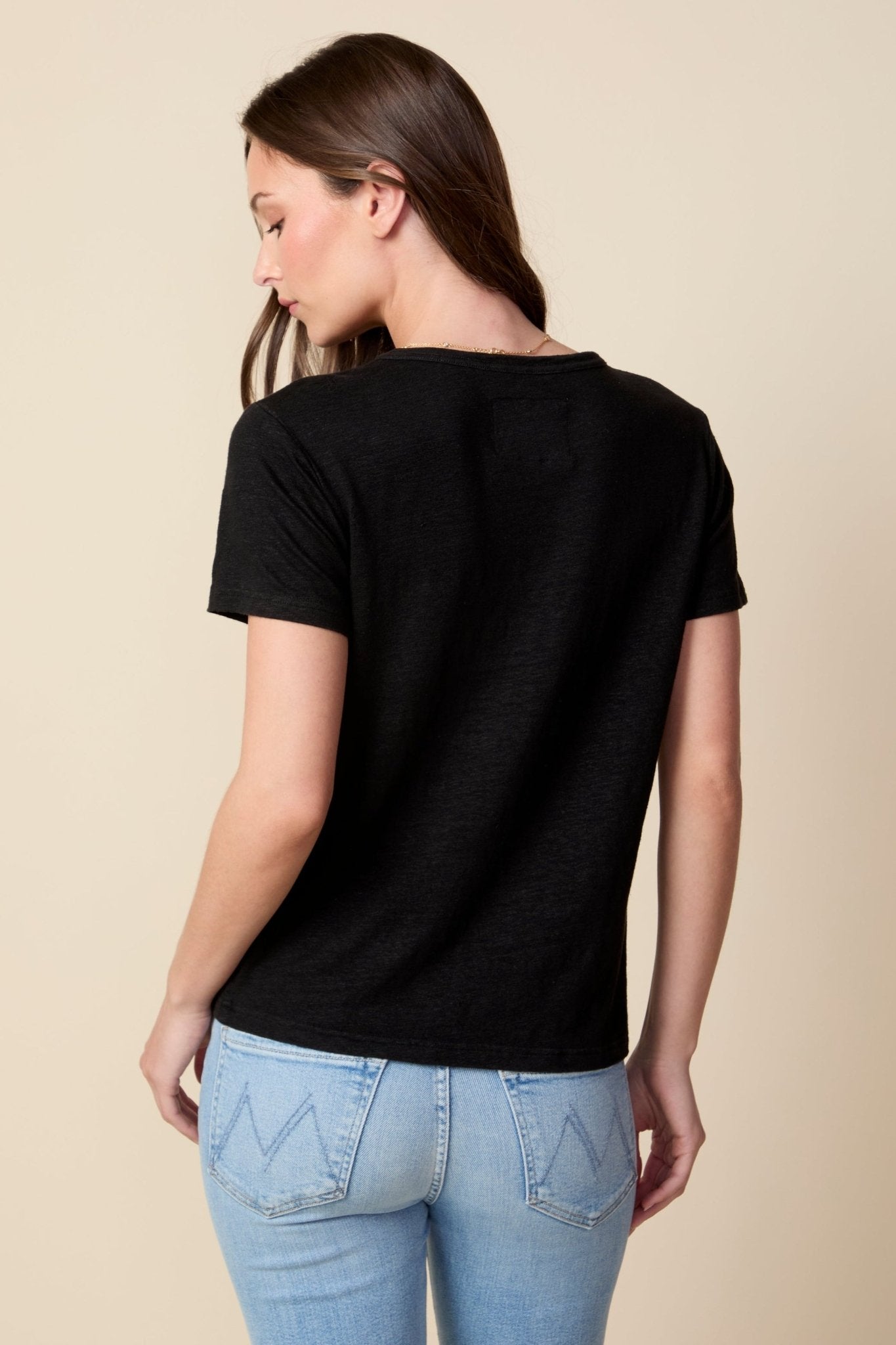 THE LAYLA TEE IN BLACK LINEN JERSEY - PALM TREE EMBROIDERY - ROYAL PALMS love & legacy